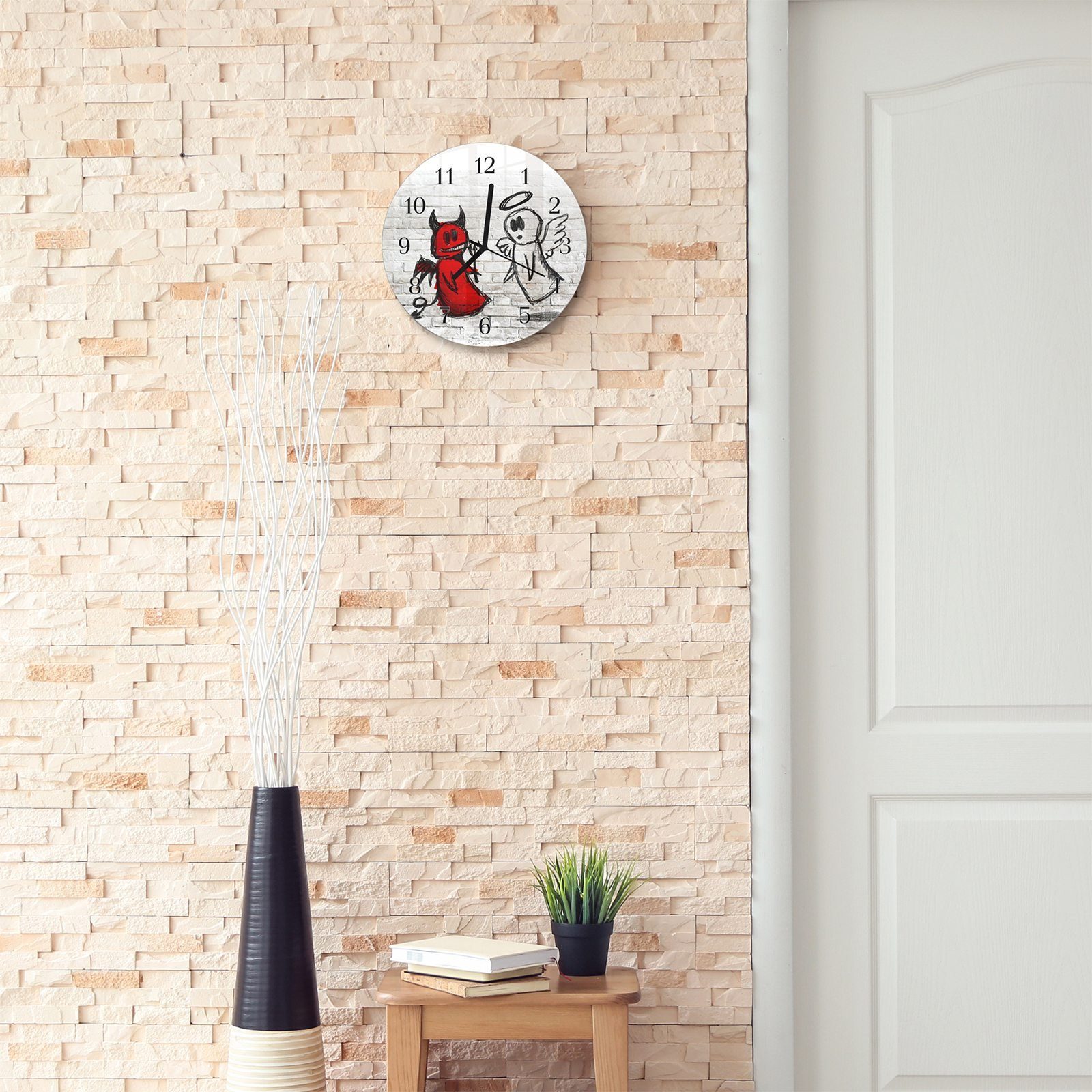 Primedeco Wanduhr Wanduhr aus Motiv Rund - mit und Glas Teufelchen mit und Durchmesser cm Engel 30 Quarzuhrwerk