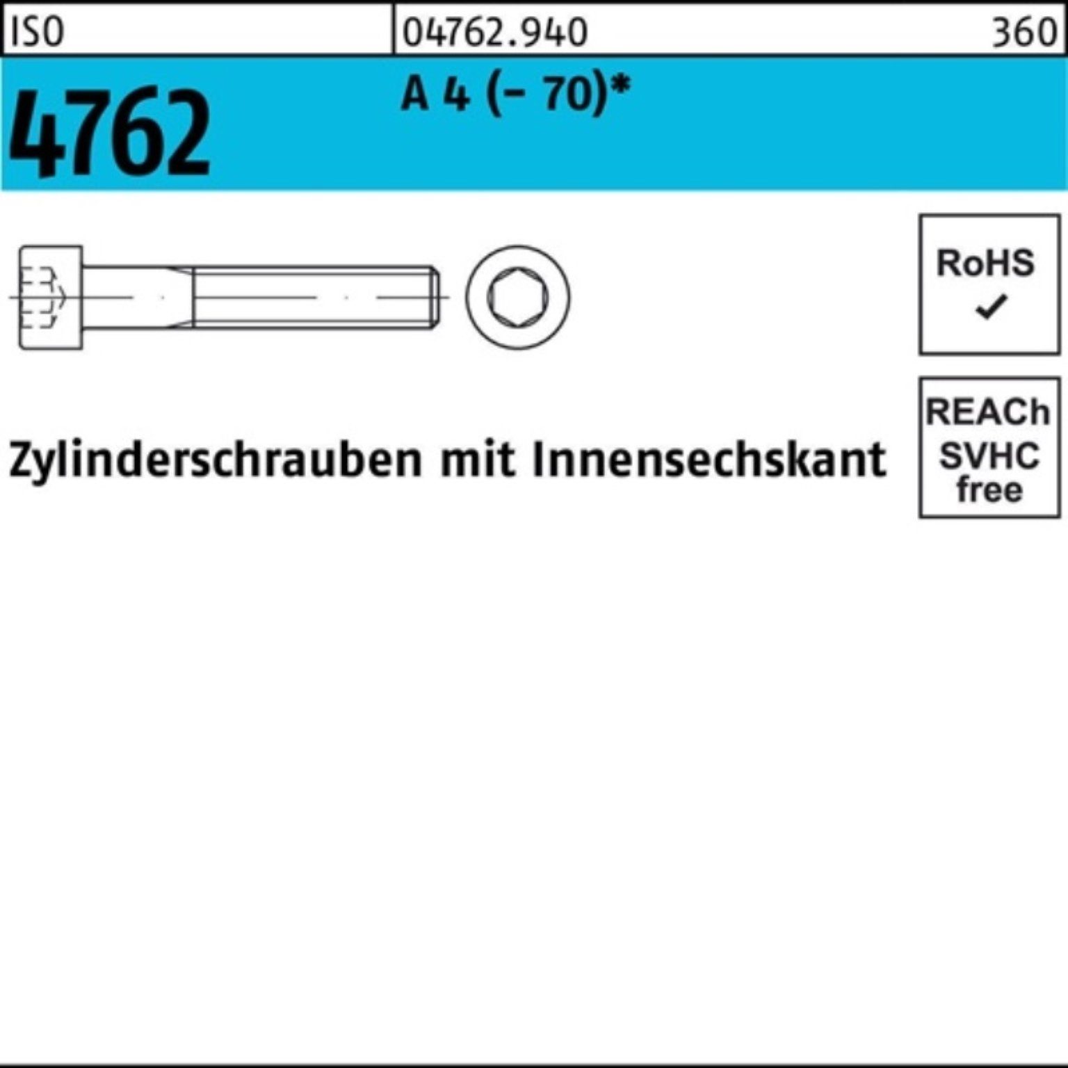 Reyher Zylinderschraube 100er Pack Zylinderschraube ISO 4762 Innen-6kt M12x 65 A 4 (70) 100