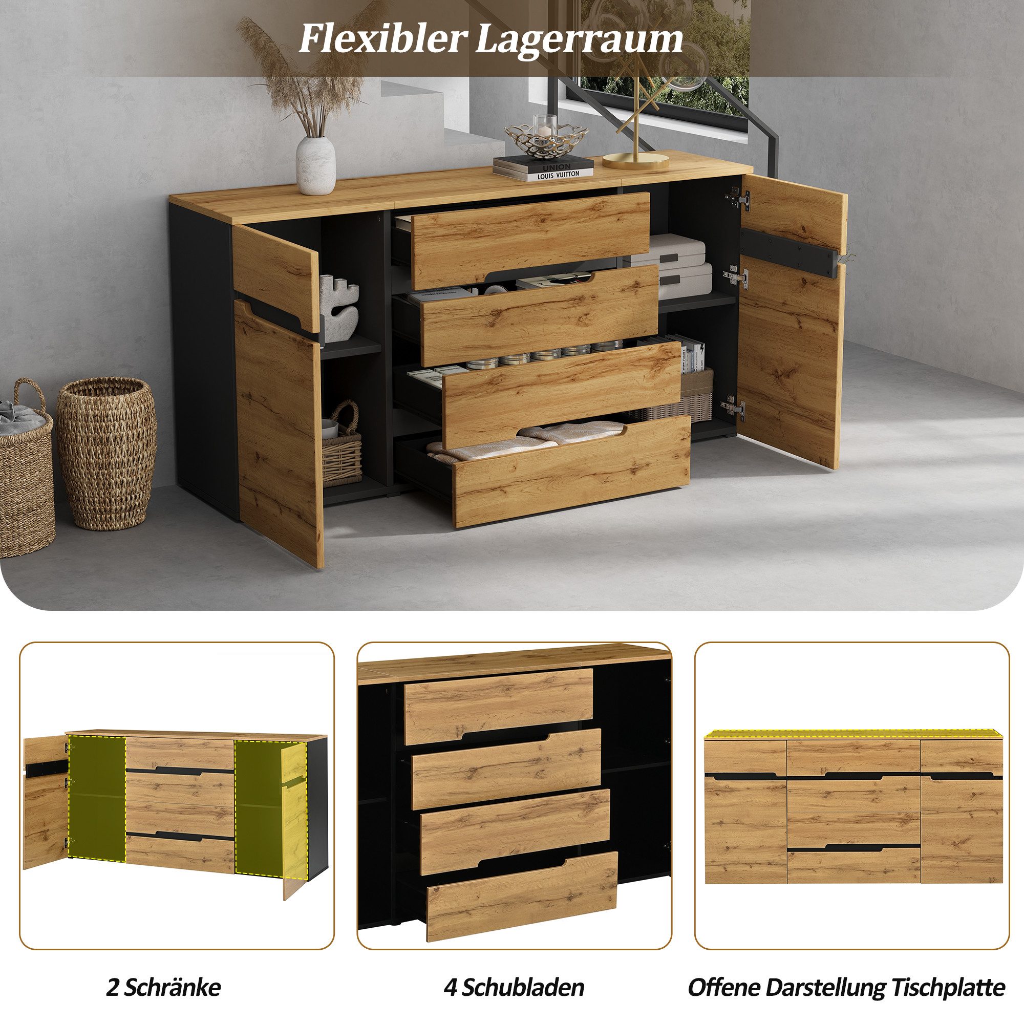 Merax Sideboard in Holzoptik und Schwarz, moderner Esszimmer- & Beistellschrank (1 St), Kommode mit 2 Türen und 4 Schubladen, Wohnzimmerschrank, 160x40x80cm – Bild 5 von 5