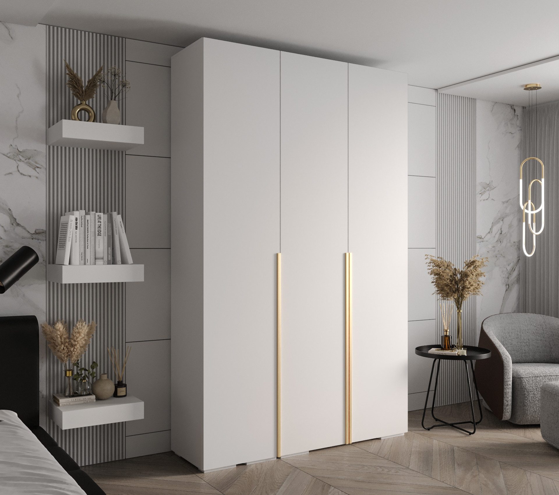 MOEBLO Schrankmodule IVONA 1 (goldene Griffe, elegante Garderobe, glamouröser Stil, Schrank Garderobe Schiebtüren Schlafzimmer, Modularer Kleiderschrank)