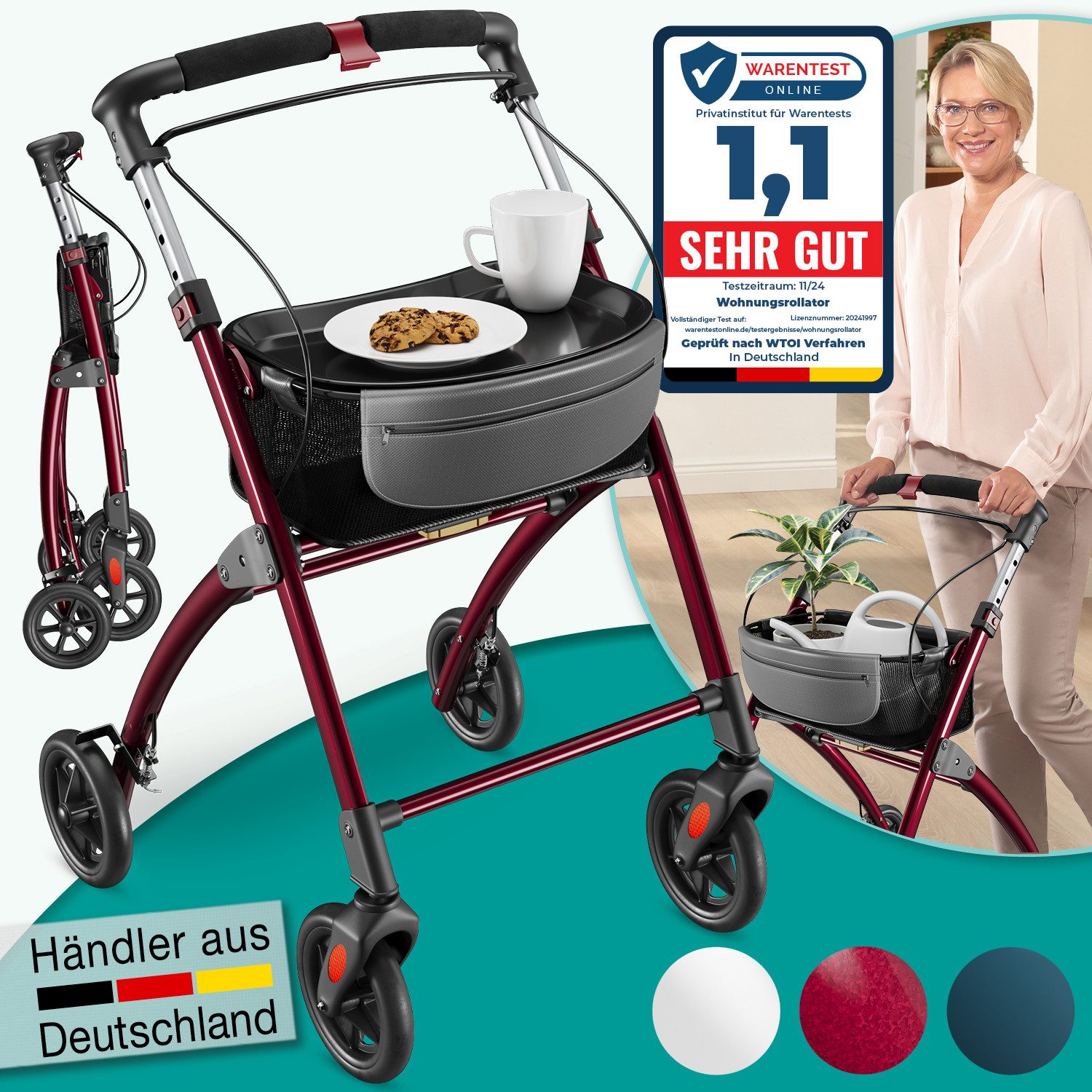 aktivshop Indoor-Rollator Wohnungsrollator leicht & faltbar, Hilfsmittel für Senioren, Gehhilfe, Einhand-Falt-mechanismus, geringes Faltmaß, maximale Sichtbarkeit