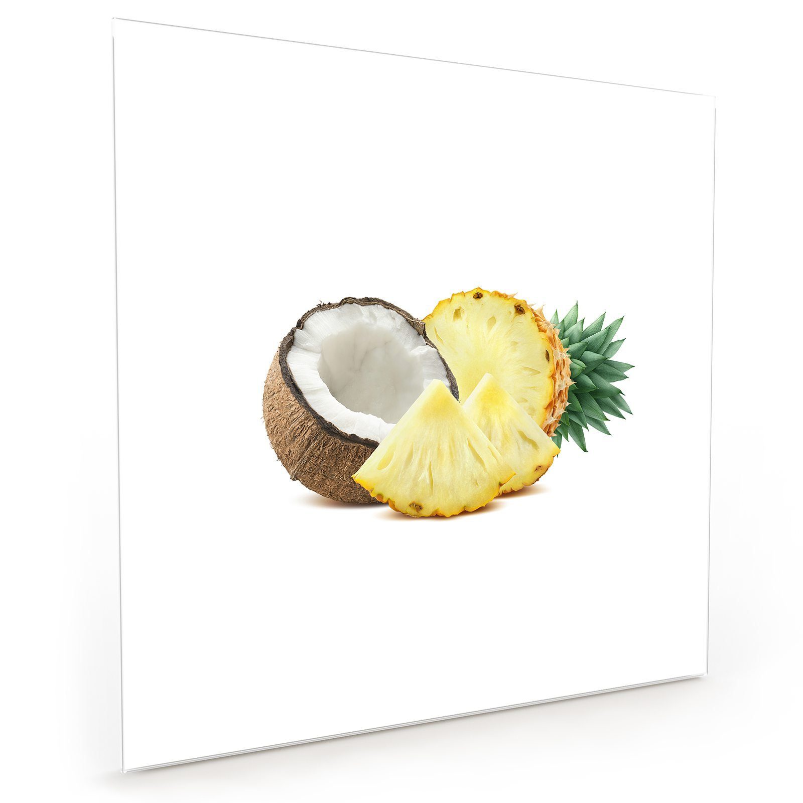 Primedeco Küchenrückwand Küchenrückwand Spritzschutz Ananas Motiv und Glas mit Kokosnuss