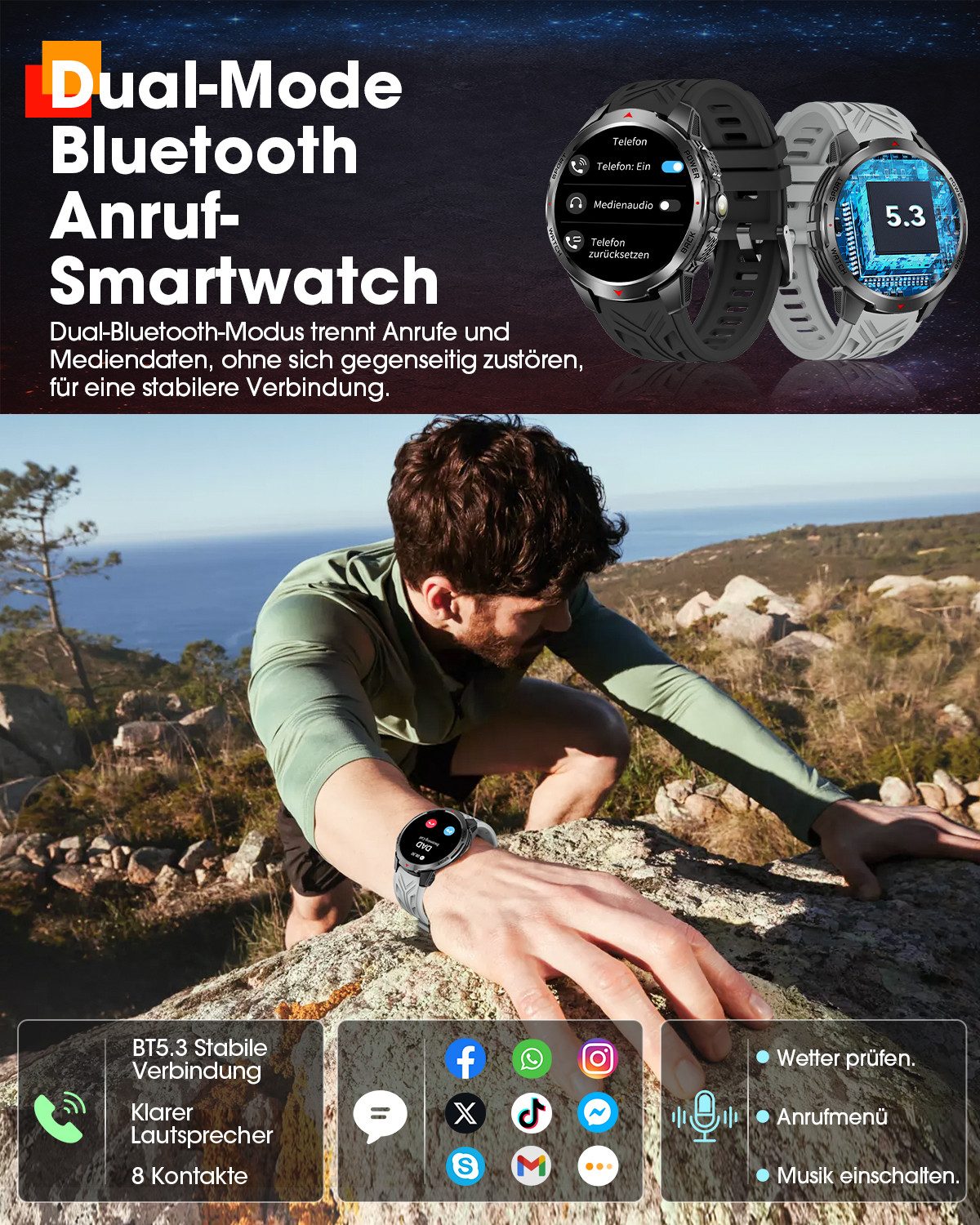 SWGOTA 2026 Smartwatch Herren Militär Fitnessuhr Herren mit 100+ Sportmodi Smartwatch (1,7 Zoll), 1100mAh Akku Sportuhr Herren mit 3 Armbänder,Herzfrequenz,Blutdruck-, SpO2-/Schlafüberwachung,Schrittzähler,Kompass,Taschenlampe,IP68