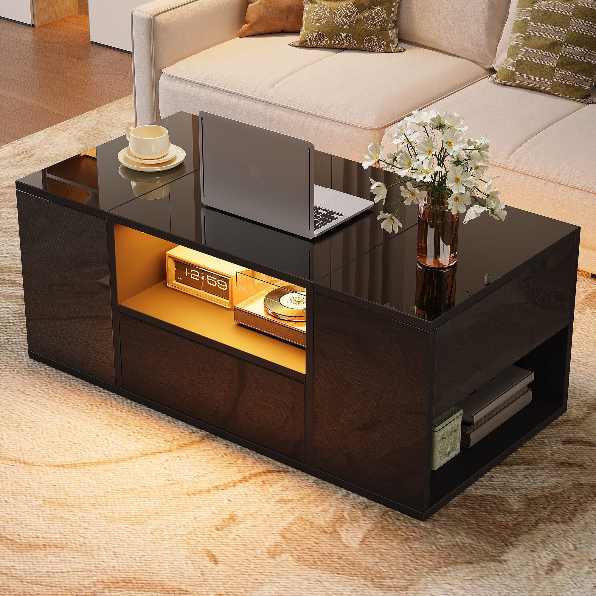 Merax Couchtisch Sofatisch Beistelltisch mit LED-Beleuchtung (100x50x40cm, 1-St), Wohnzimmertisch mit Schublade, Staufächern & 2 verdeckte Stauraum – Bild 2 von 5