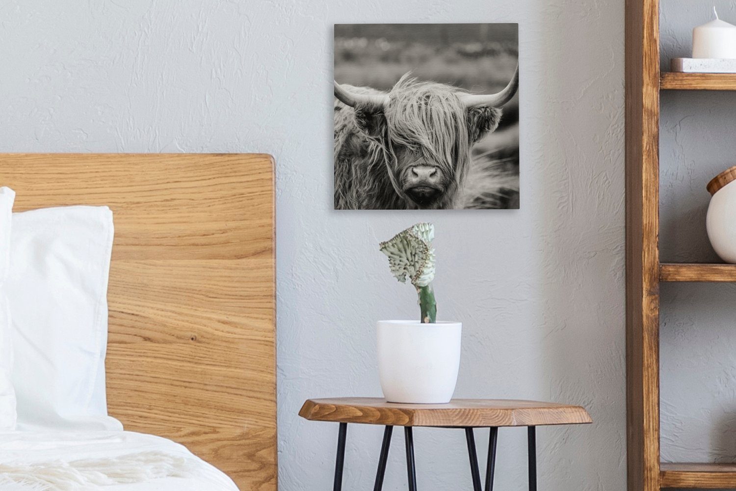 OneMillionCanvasses® Leinwandbild Schottischer Highlander - Tiere Wohnzimmer - Schlafzimmer (1 Kuh Schwarz-Weiß Ländlich, - - Leinwand Bilder St), für