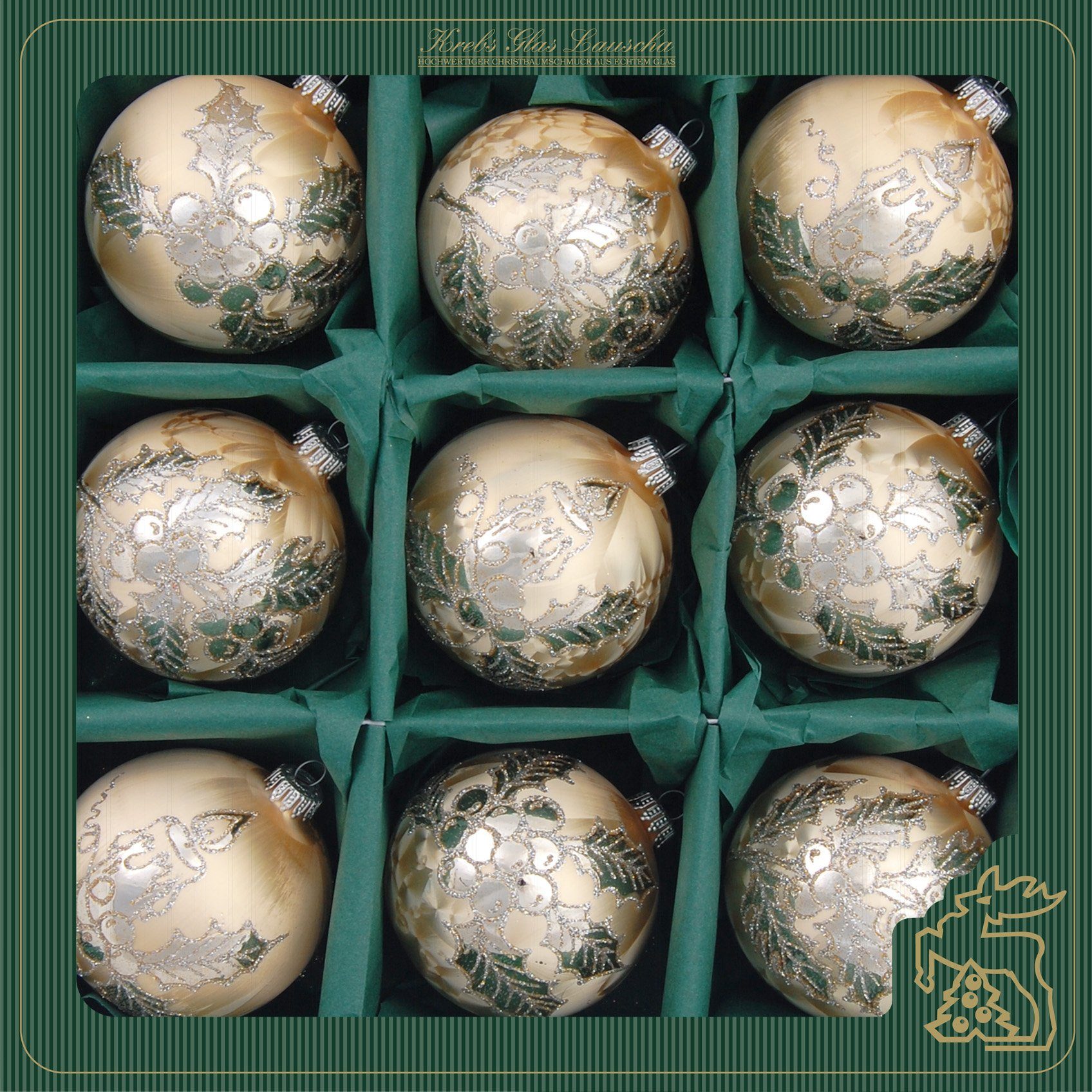 Krebs Glas Lauscha Weihnachtsbaumkugel KGL03378, Weihnachtsdeko, Christbaumschmuck, Christbaumkugeln Glas (9 St), aus Glas, mit Blattdekor