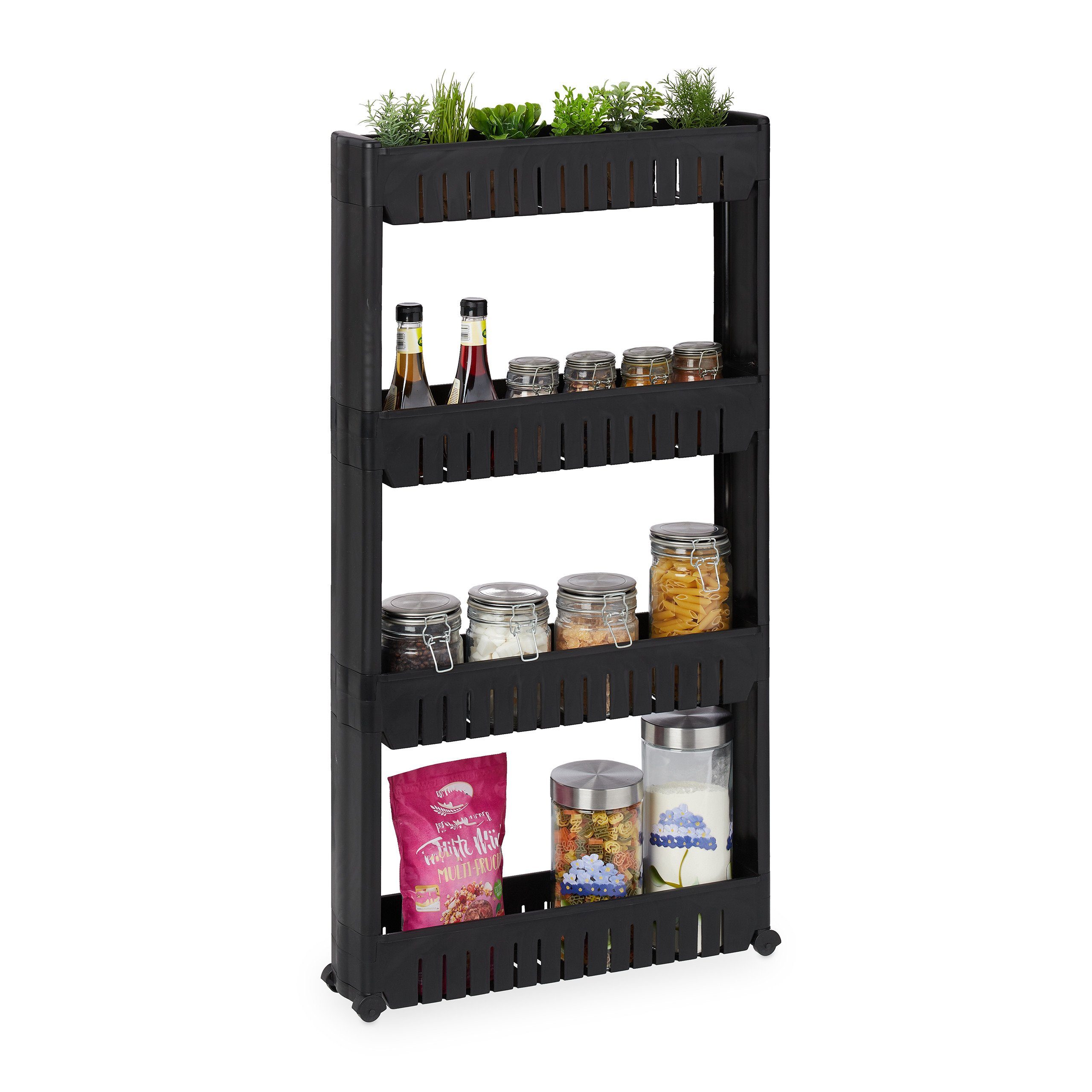 relaxdays Küchenregal Schmaler Nischenwagen mit 4 Ablagen, schwarz günstig online kaufen