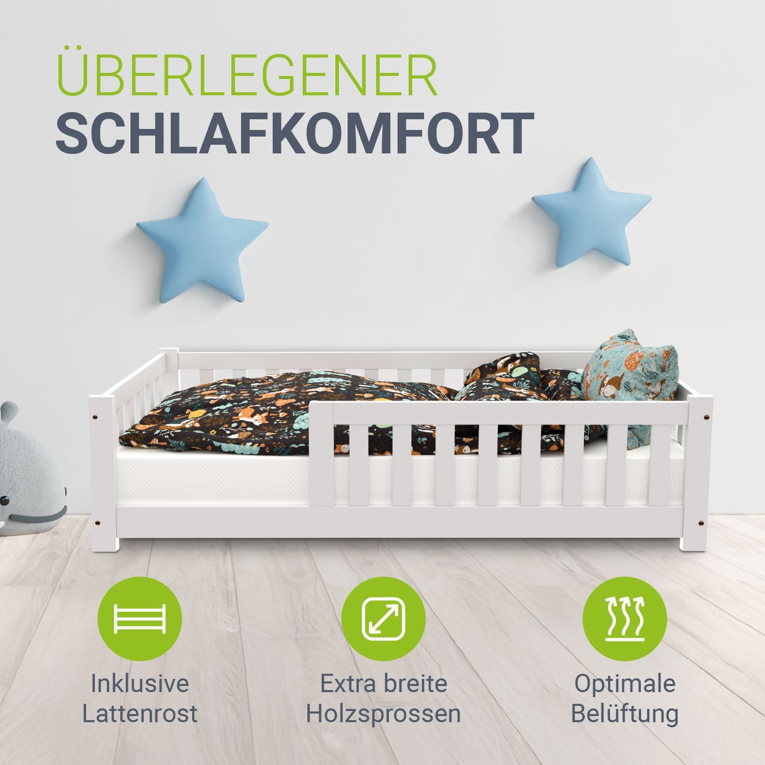Juskys Kinderbett Naya, 80x160 cm Bodenbett aus Holz, mit Rausfallschutz & Lattenrost
