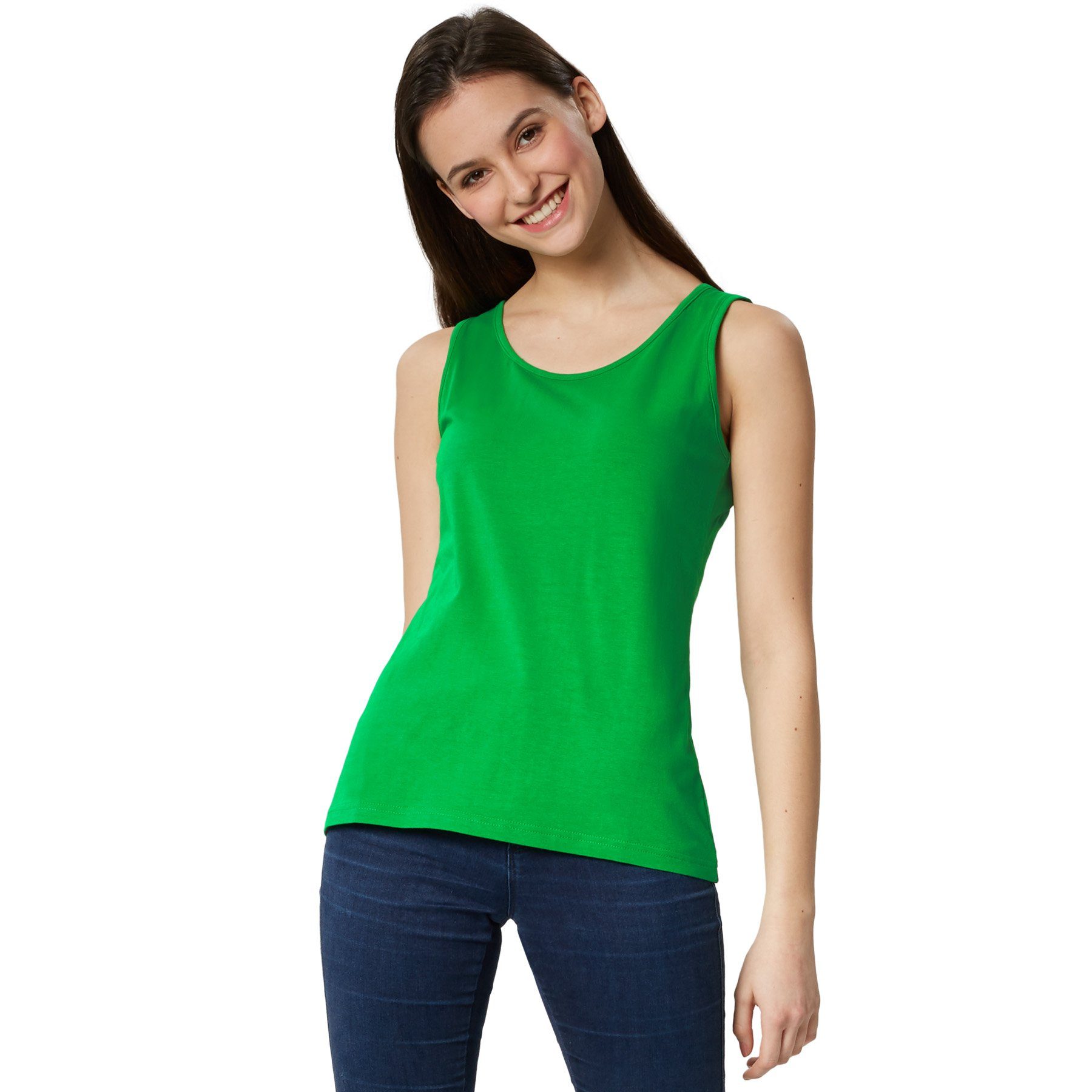 dressforfun Tanktop Achselshirt, Für viele Outfits und Auftritte, Einfarbiges Damen Top (Trägershirt, Konfektionsgröße L in grün) Leicht körperbetonter Schnitt, Fester Stoff, Rundhalsausschnitt