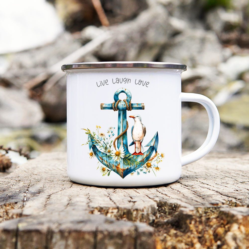 Cadouri Tasse LIVE LAUGH LOVE Camping Emaille Tasse, Campingtasse, Metall, Campingbecher, Kaffeetasse, Anker, maritim, Geschenk, 300 ml