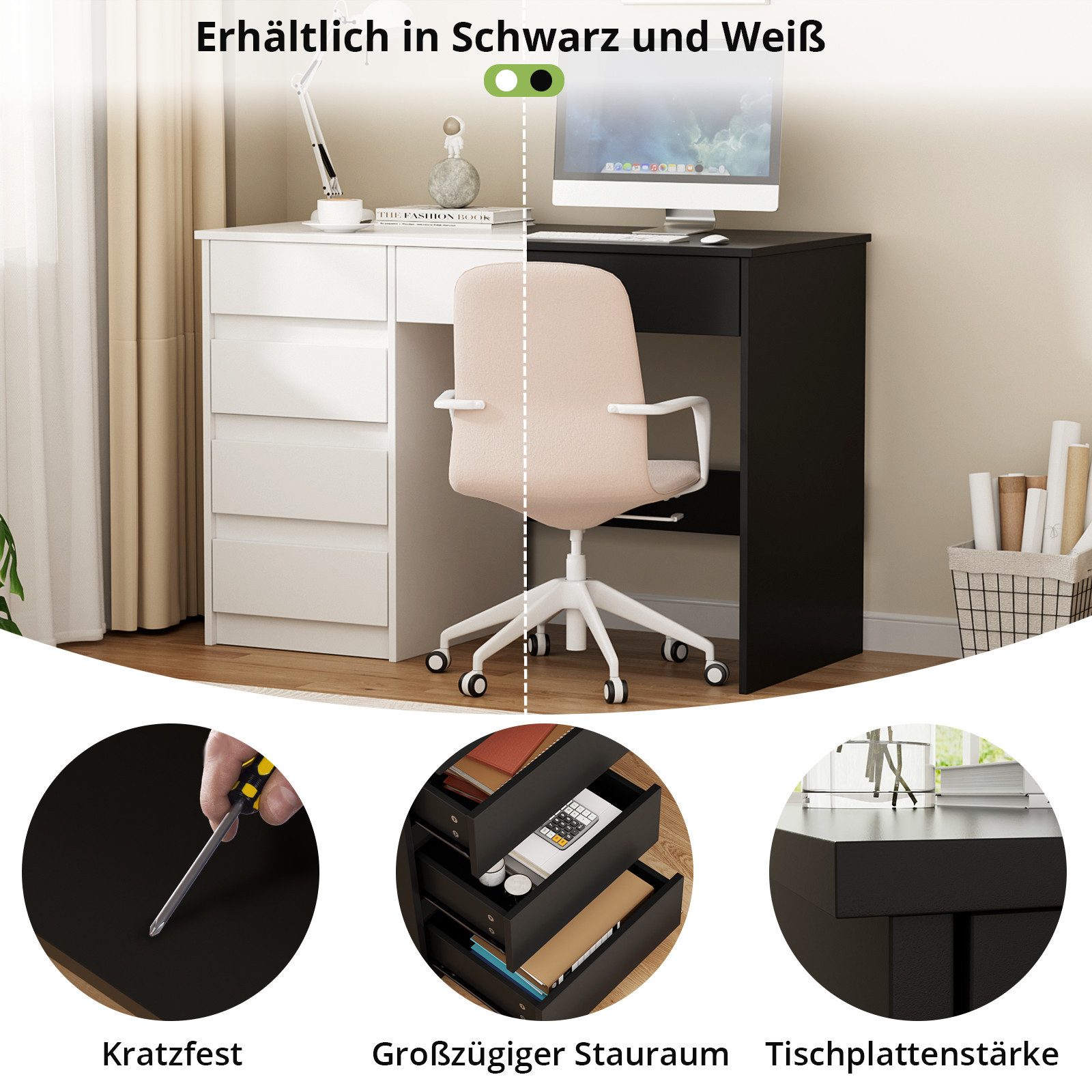 VOWNER Schreibtisch mit 5 Schubladen, modernes einfaches Studier- und PC-Tisch (1-St), Für kleines Raum & Heimbüro – Abmessungen: 110x50x75 cm