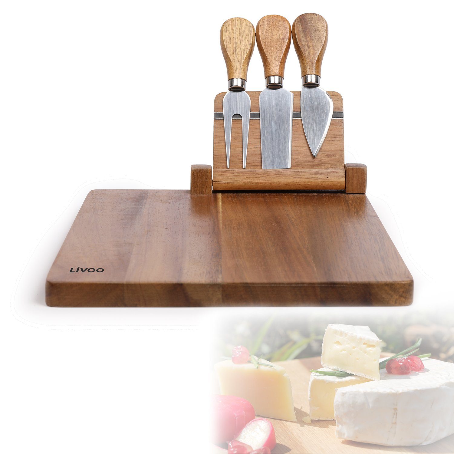 LIVOO Käsebrett »LIVOO Käsebrett mit 3 Käsemessern Servierplatte Käseplatte  Holz Magnet MES137« online kaufen | OTTO