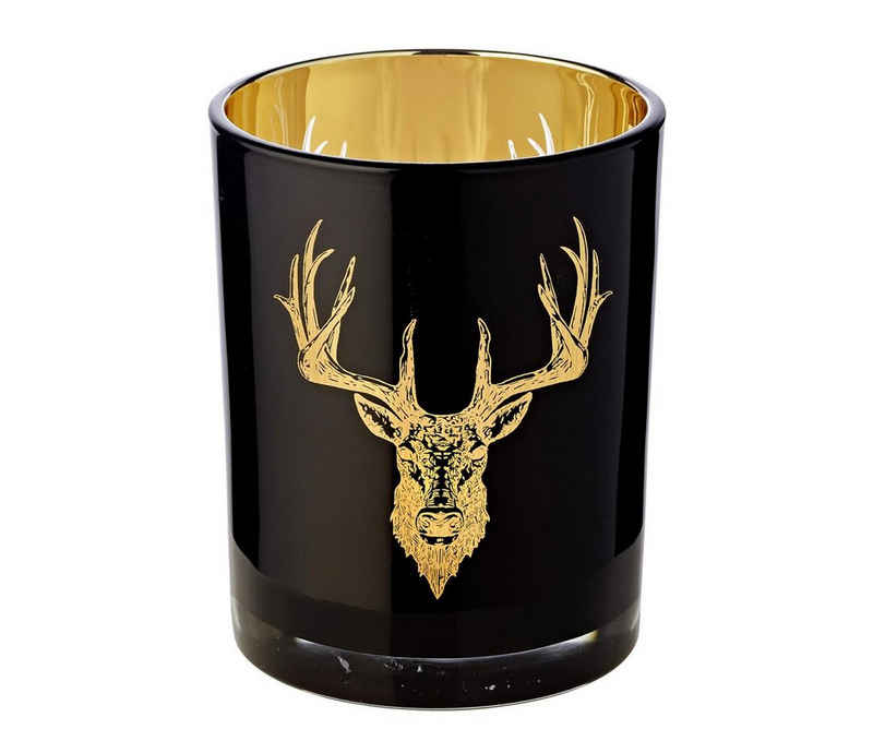 EDZARD Windlicht »Tom«, Kerzenglas mit Hirsch-Motiv in Gold-Optik, Teelichtglas für Teelichter, Höhe 13 cm, Ø 10 cm