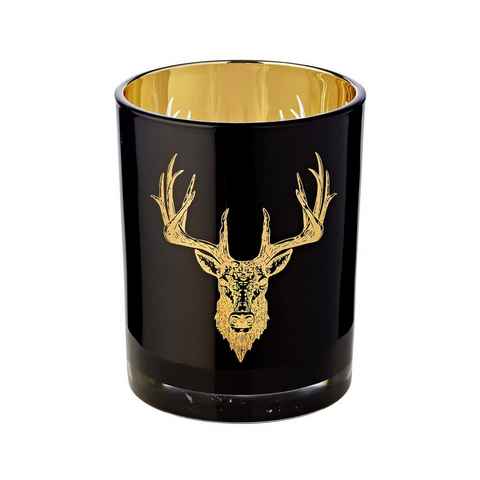 EDZARD Windlicht Tom, Kerzenglas mit Hirsch-Motiv in Gold-Optik, Teelichtglas für Teelichter, Höhe 13 cm, Ø 10 cm