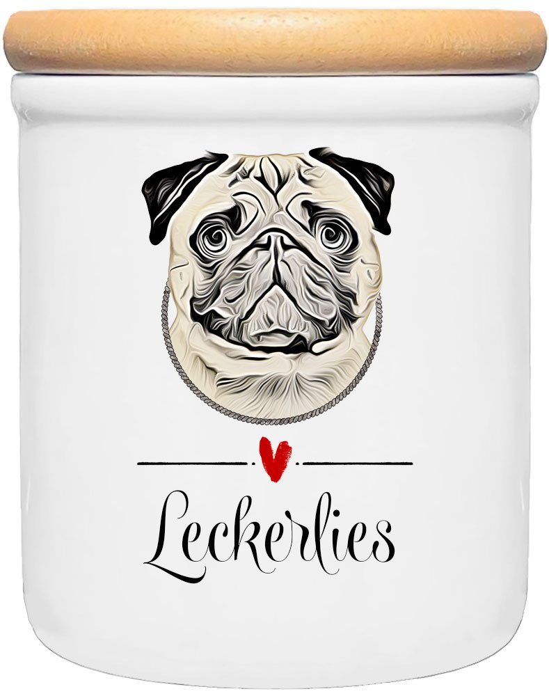 Cadouri Vorratsdose MOPS - Leckerlidose Hund - für Hundekekse, Keramik, (Leckerlidose mit Hunderasse, 2-tlg., 1x Keramikdose mit Holzdeckel), Hundekeksdose, handgefertigt in Deutschland, für Hundebesitzer, 400 ml