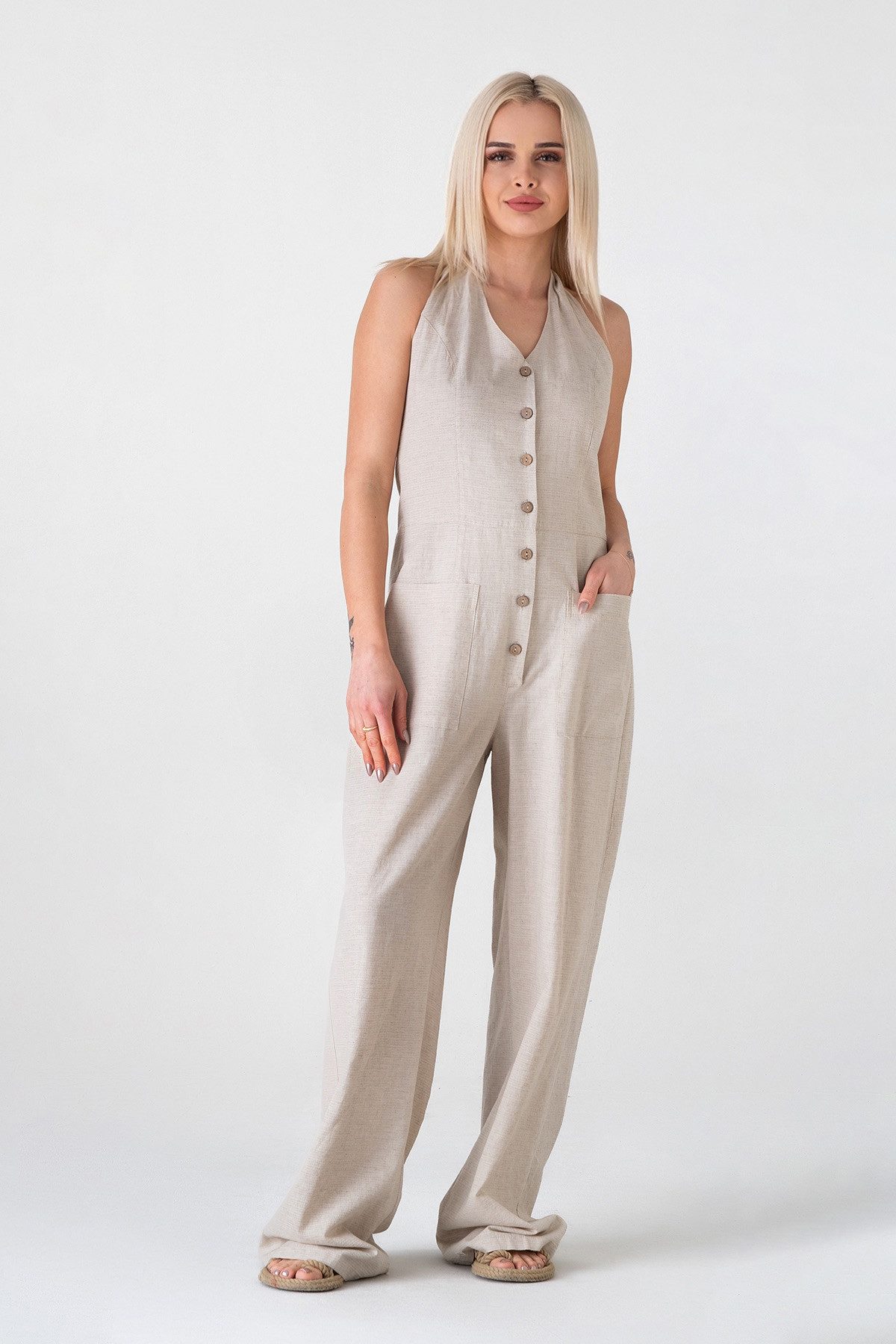 WENOR Overall Damen Jumpsuit Leinen-Viskose mit Knöpfen & Nackenbindung Nat günstig online kaufen