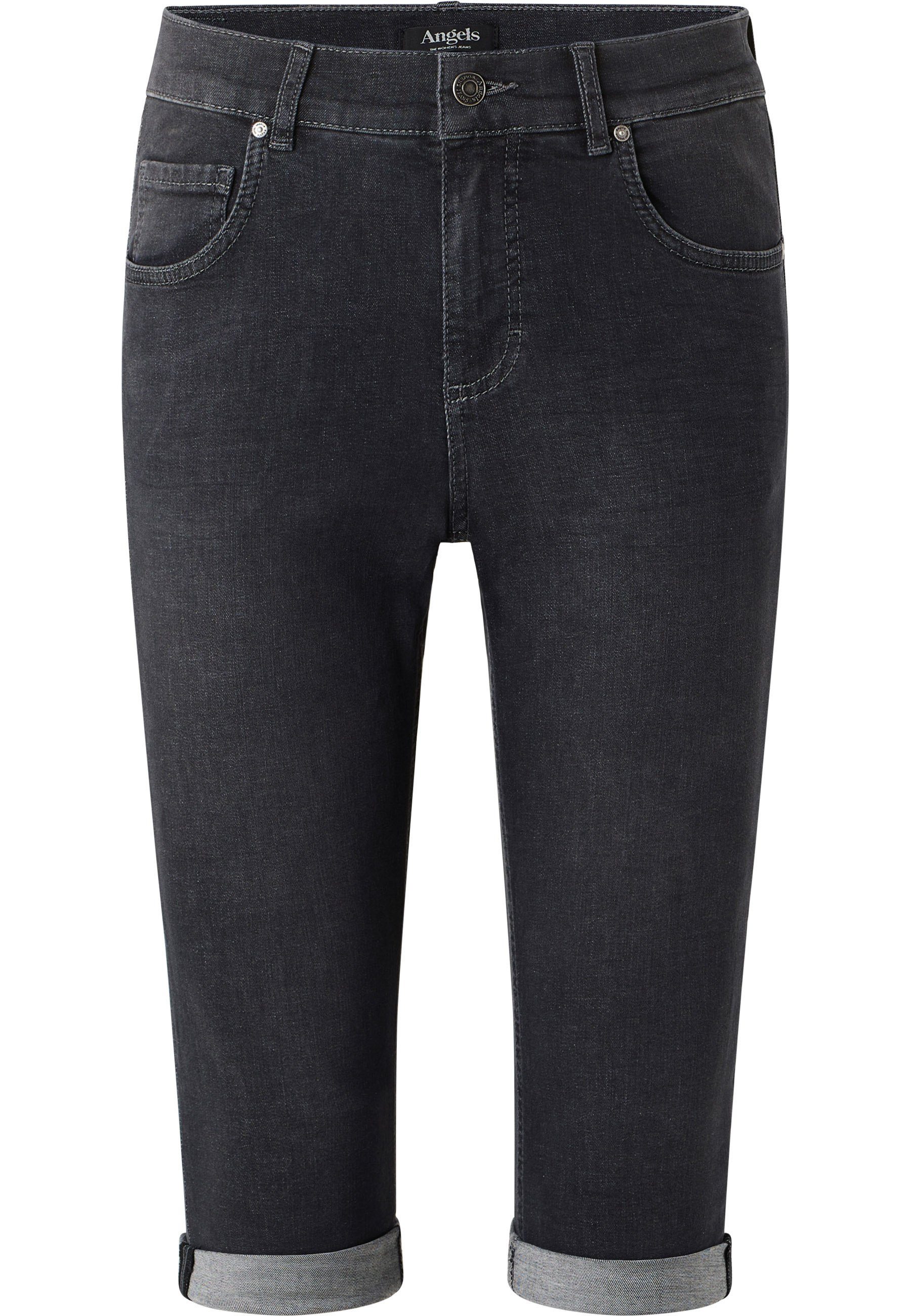 anthrazit Jeans Used-Look mit 5-Pocket-Jeans Label-Applikationen mit ANGELS TU Capri