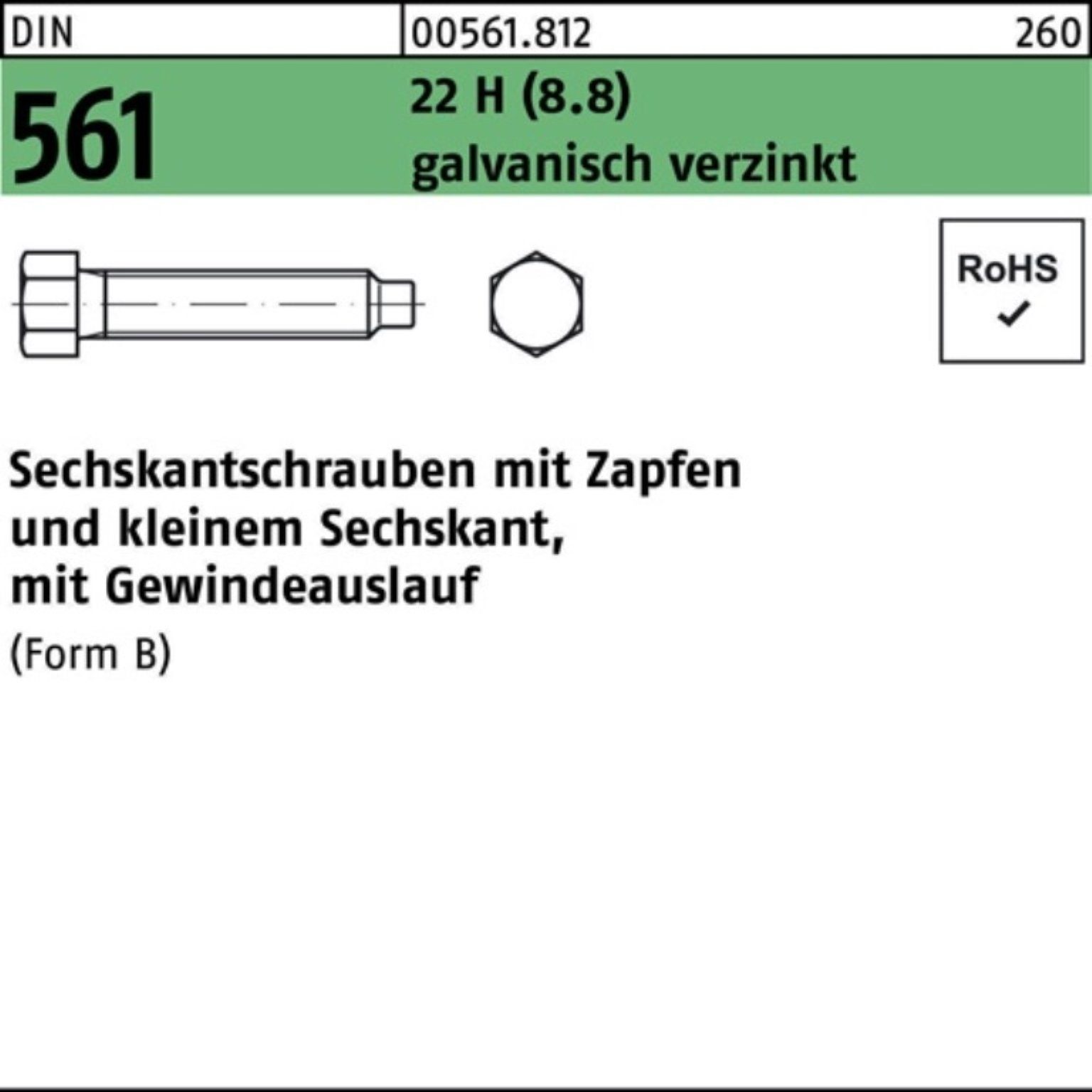 Reyher Sechskantschraube 100er Pack Sechskantschraube DIN 561 Zapfen BM 8x70 22 H (8.8) galv.ve
