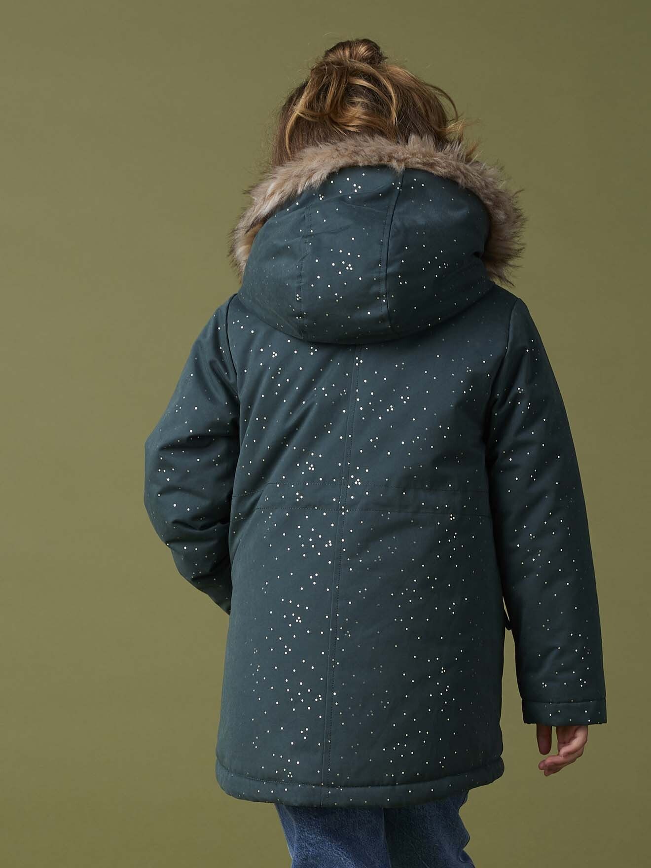 vertbaudet Parka Warme Mädchen Winterjacke mit Glitzer und Webpelz Recycling-Wattierung, Glitzer, beschreibbares Namensschild