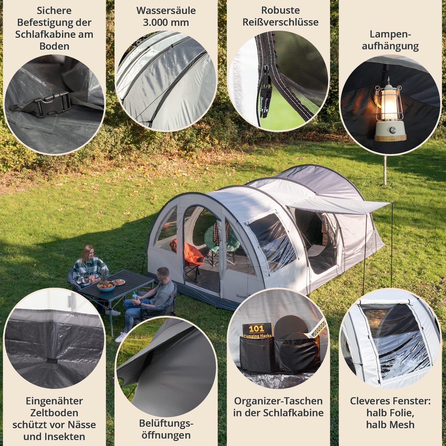 Skandika Tunnelzelt Simo 4, Familienzelt mit verdunkelter Schlafkabine, Campingzelt, Personen: 4, eingenähter Zeltboden, wasserdicht, Moskitonetz, 3 Eingänge Sonnendach