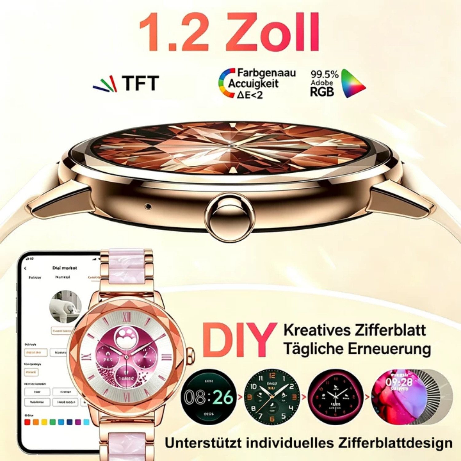 Vornix 2026 Neues Smartwatch Damen, Fitness Uhr mit Anruffunktion Smartwatch Smartwatch (Fitnessuhr mit Telefonfunktion/WhatsApp Notiz,Smartwatch Fitness Tracker Uhr IP68 Wasserdicht,1.2" HD Voll Touchscreen Fitnessuhr Tracker mit Blutsauerstoff/Pulsmesser/Sportuhr/Schrittzähler/Schlafmonitor Aktivitätstracker usw für iOS/Android Uhren Watch cm)