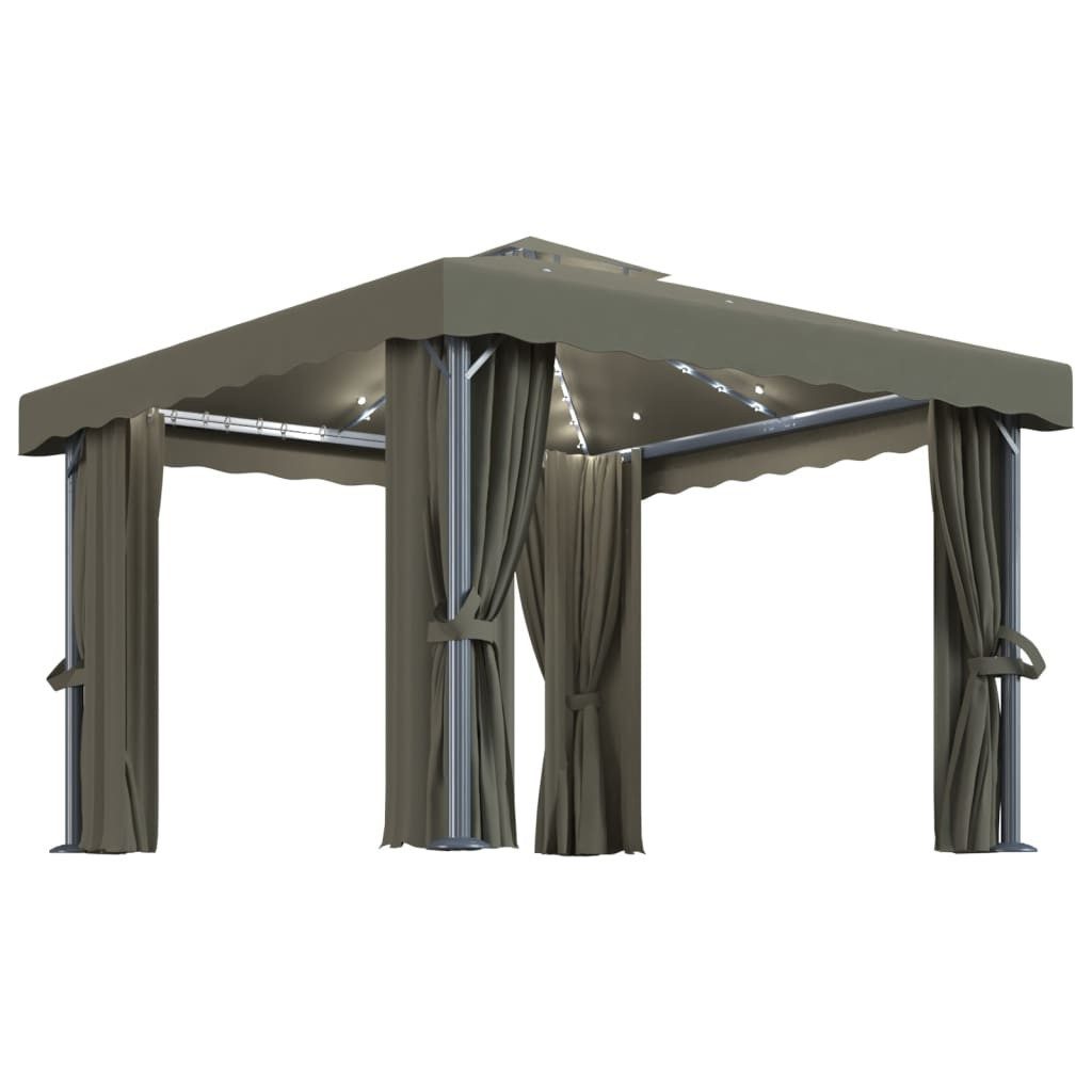 Pavillon Pavillon Gartenzelt mit Vorhängen LED-Lichterkette 3x3 m Taupe
