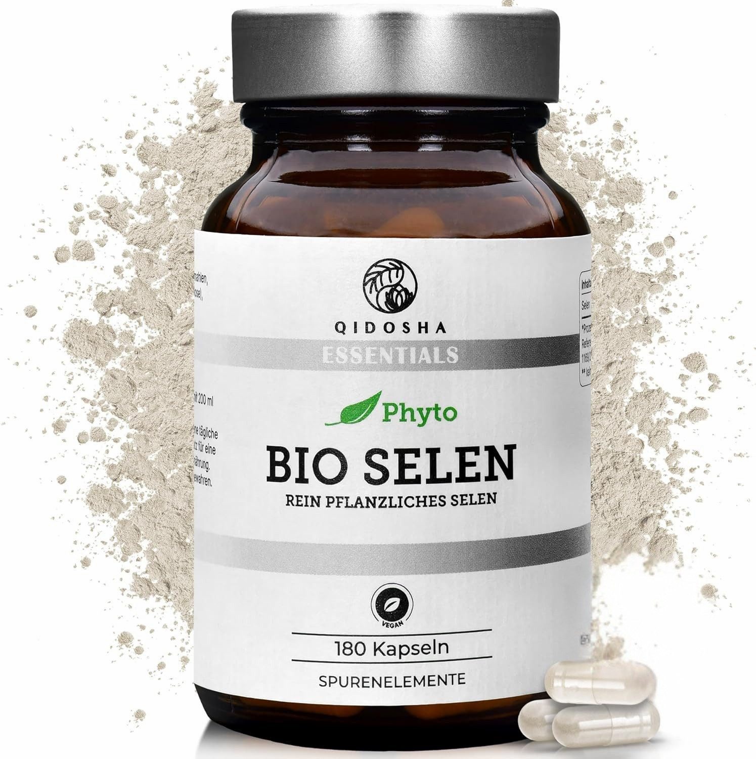 QIDOSHA pflanzliche Bio Selen Kapseln, hochdosiert, 180 Kapseln, 55 mcg (100% NRV) pflanzliches Selen je Kapsel aus Bio Indischem Basilikum und Bio Sonnenblumenkernen, Selenmethionin, ergänzt um Bio Akazienfaser à 180 St., 33.3 g
