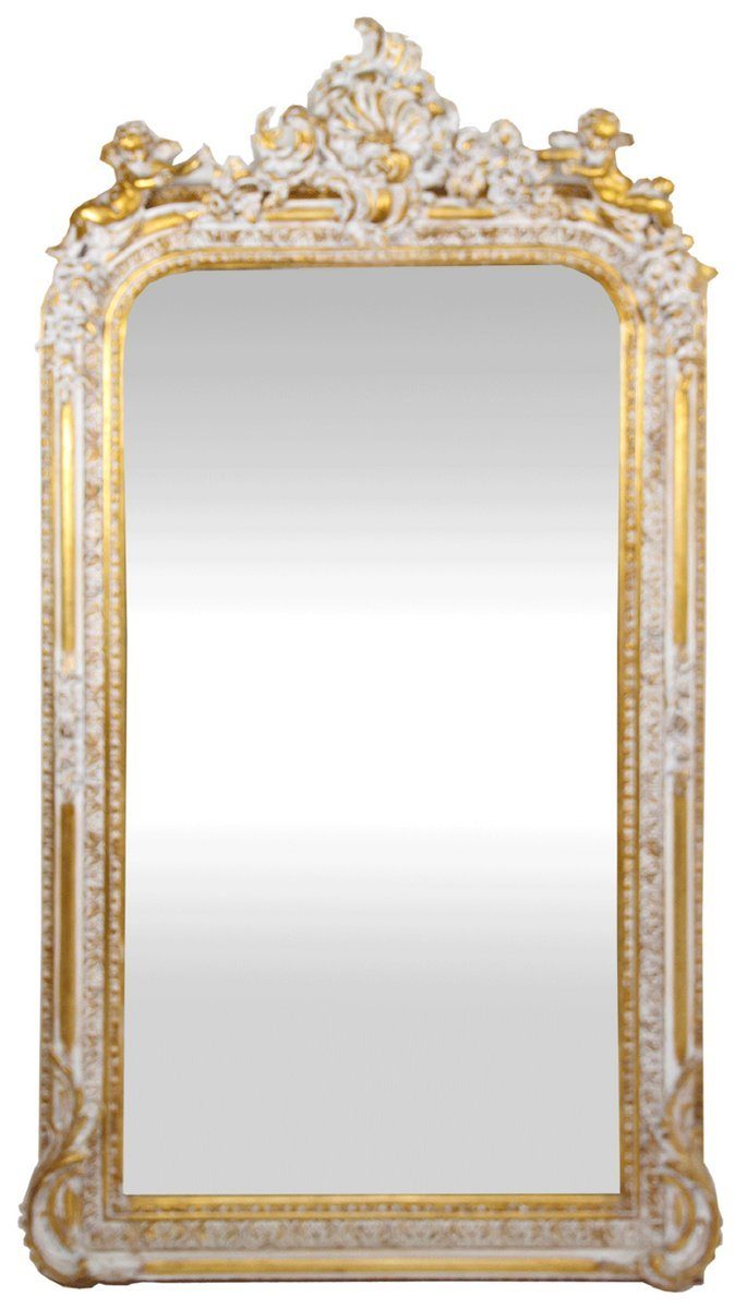 Casa Padrino Barockspiegel Barock Wandspiegel Antik Weiß / Gold 85 x H. 160 cm - Prunkvoller Barock Spiegel mit wunderschönen Verzierungen und dekorativen Engelsfiguren