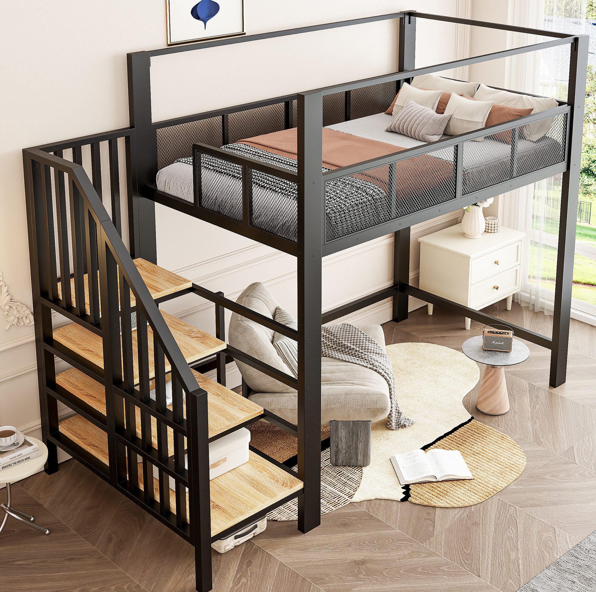 OKWISH Hochbett Jugendbett mit integriertem Arbeitsbereich, Eisenbett (Baldachin-Aufbau und platzsparenden Stufen mit Stauraum, Metallbett Kinderbett) ohne Matratze