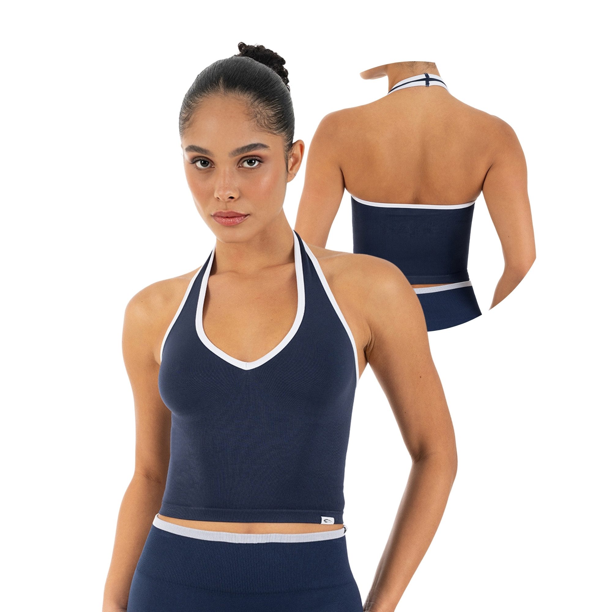 Smilodox Sport-BH Theda, Sport Top Damen Shaped Fit, Seamless, Gym & Freizeit Halterneck, V-Ausschnitt, Seamless, Stretch, Kontrastdetails