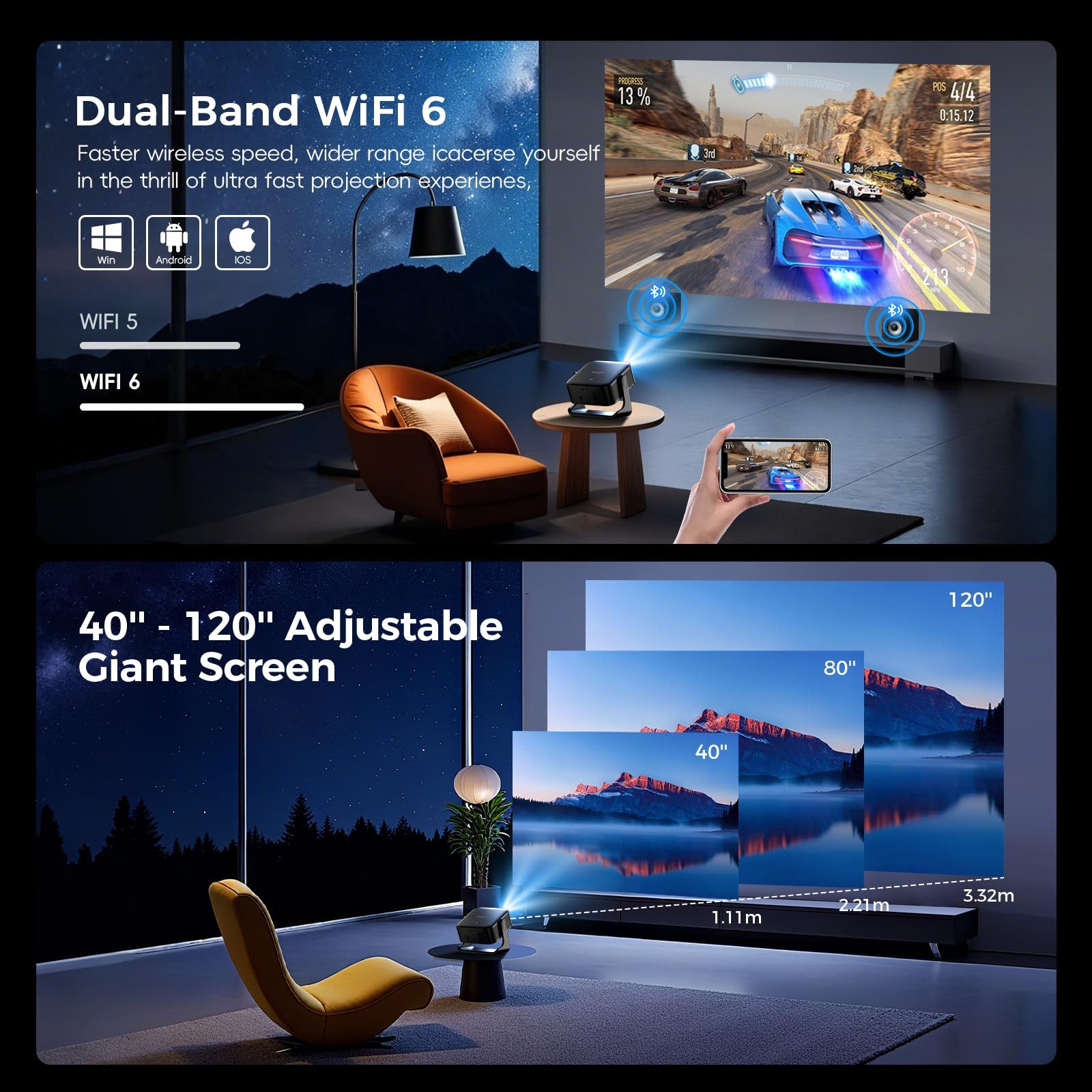 wowlink [Smart TV OS & HDR10+ & 3D Sound] 4K Beamer mit WiFi 6 Beamer (580 lm, 20000:1, 4K px, Bluetooth 5.4, Built-in Smart OS & Apps & Auto Focus & Keystone) schwarz