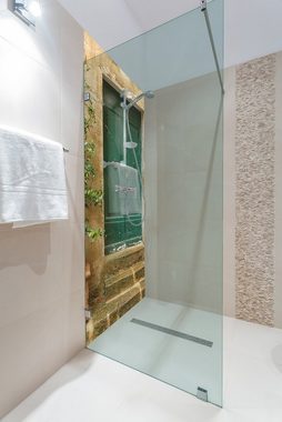 Wallario Duschrückwand Grüne alte Holz-Tür in Toskana mit alter Steinwand und Steintreppe, (1-tlg)
