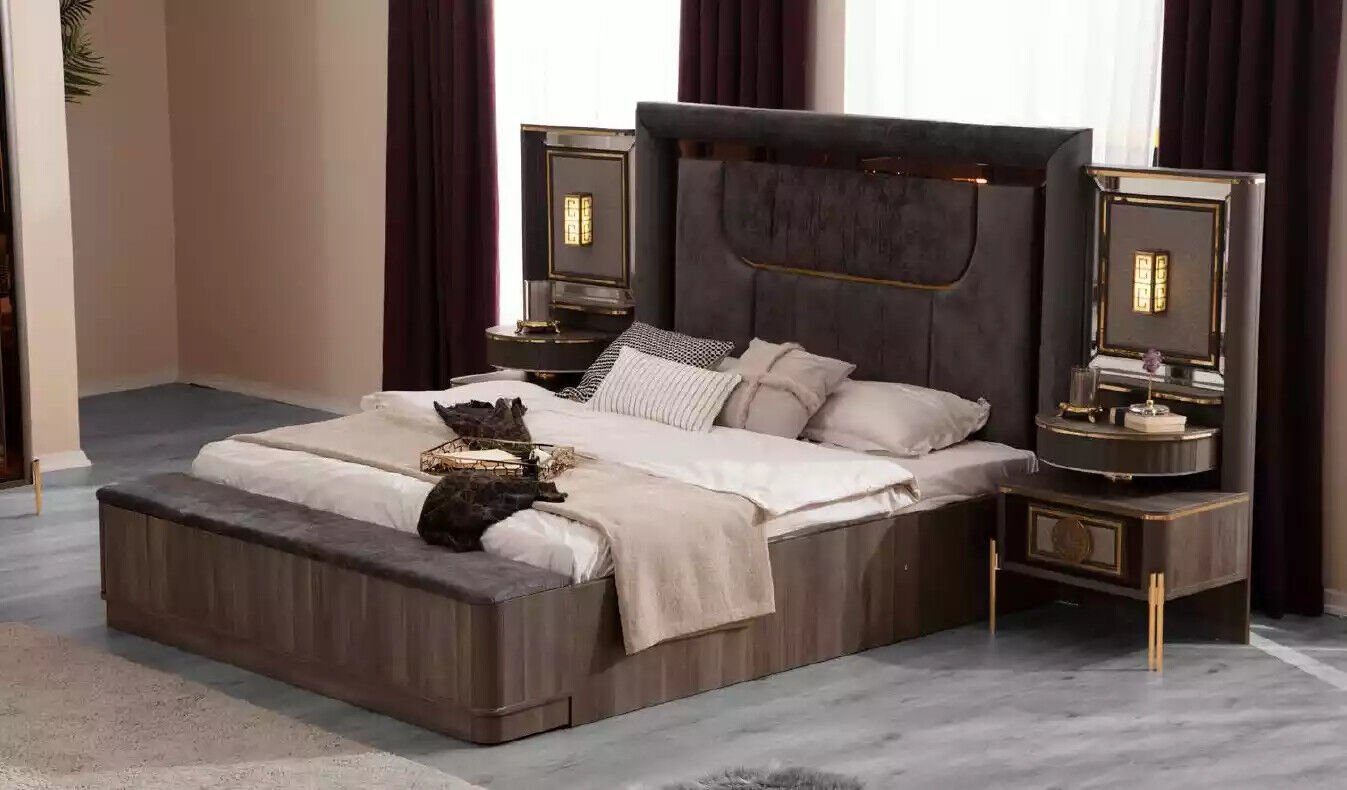 JVmoebel Schlafzimmer-Set Schlafzimmer Made Europa Stoff Betten Luxus, (4-St., in Grau Doppelbett Bett/Bank/2x Bett Set Garnitur Nachttische)