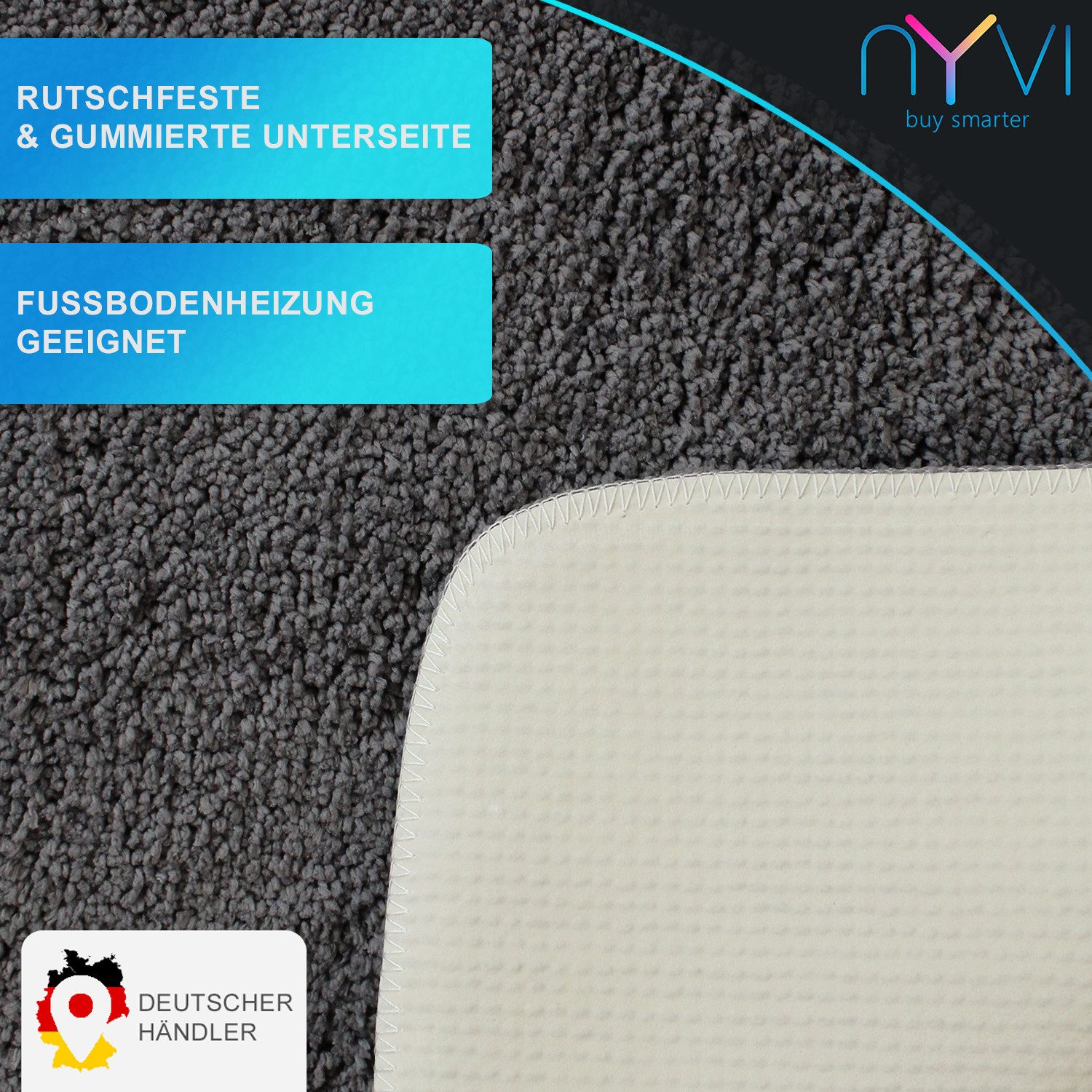 NYVI Badematte WC Vorleger mit Ausschnitt NYVISpa Lasalle Grau Toiletten Teppich, Höhe 20 mm, Polyester, Rutschfest, Saugstark, Schnell Trocknend, Fußbodenheizu – Bild 3 von 5