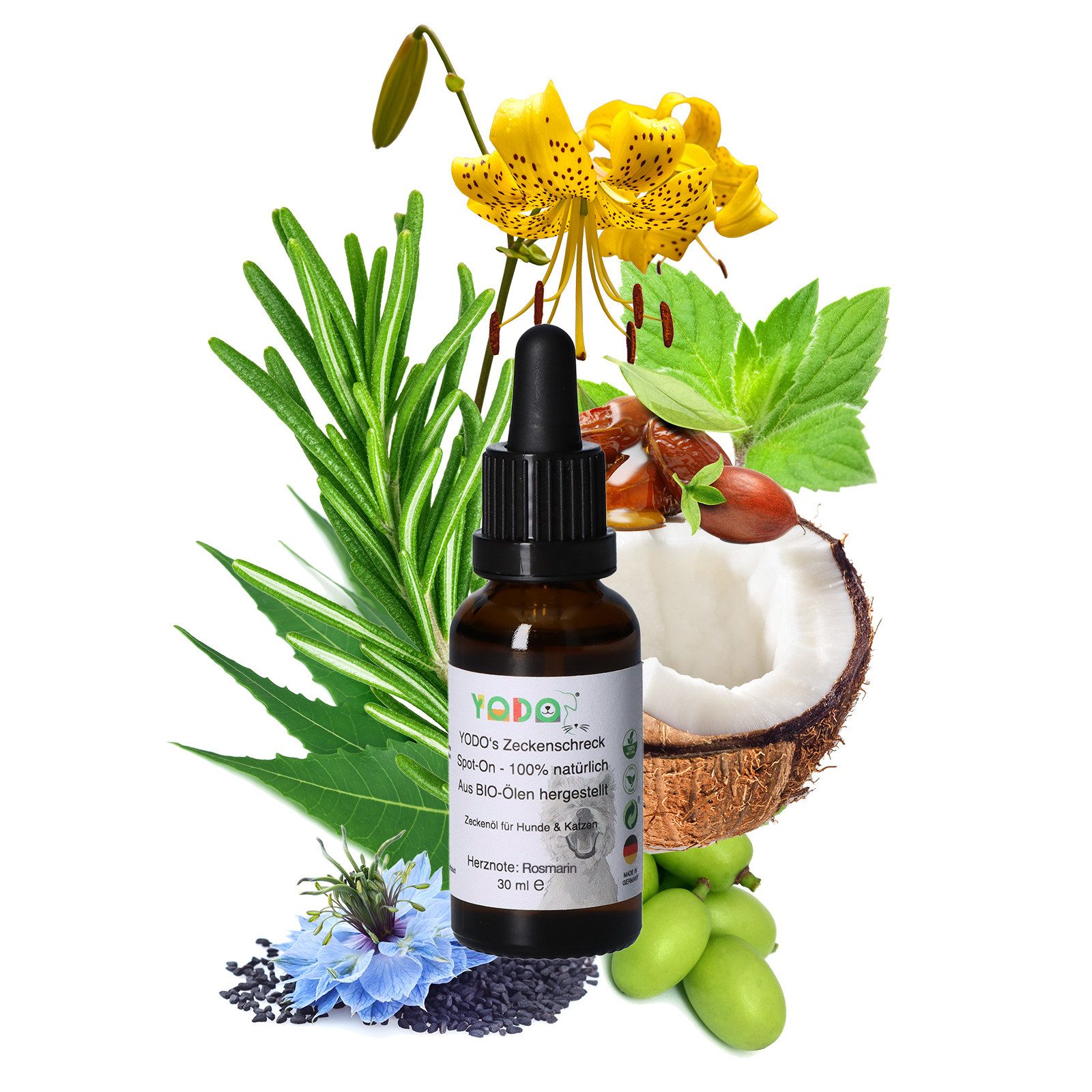 YODO Zeckenschutzmittel YODO's Zeckenschreck Zeckenöl für Hunde, Rosmarin, 30 ml, 1-St., Aus 7 BIO-Ölen zur Zeckenabwehr hergestellt