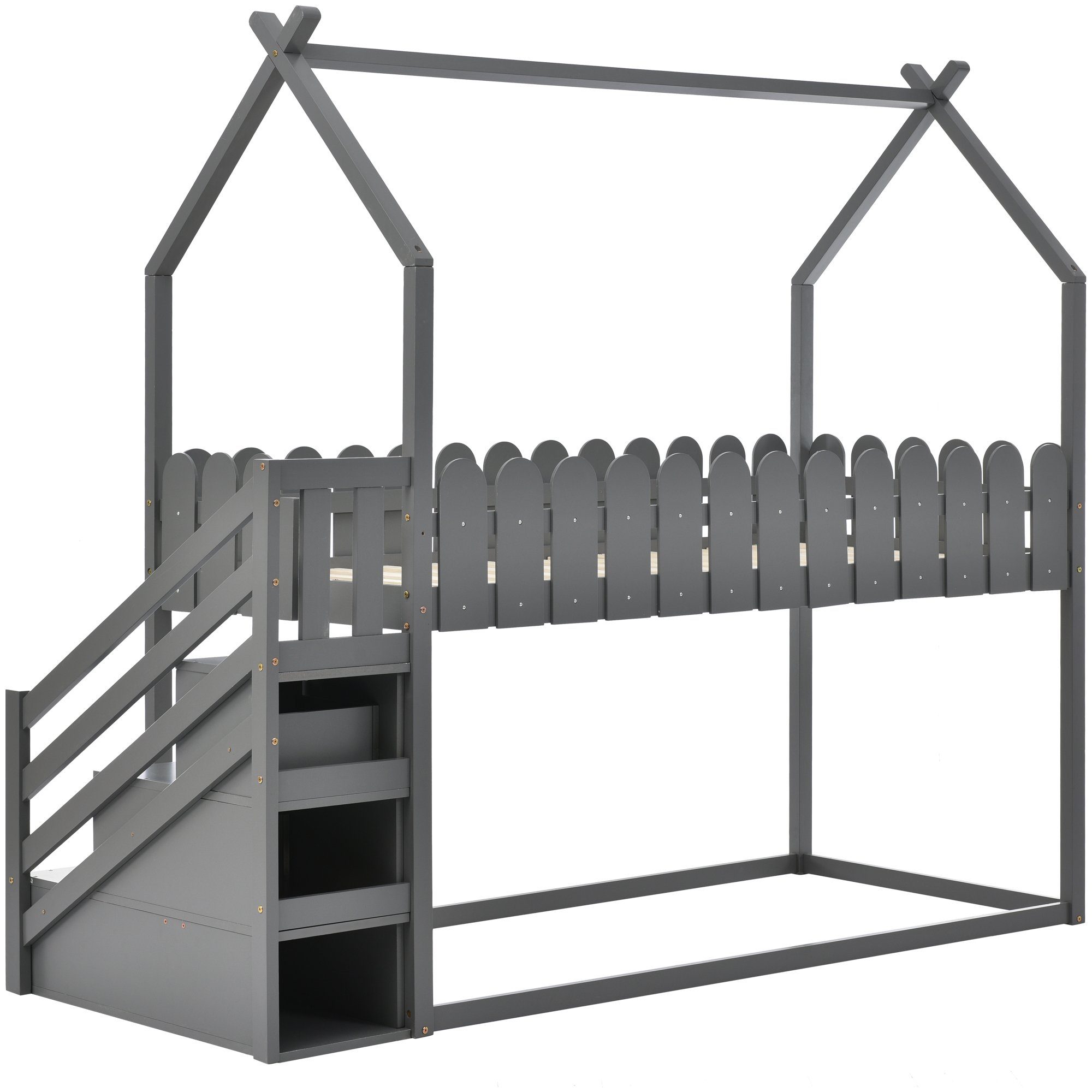 Etagenbett (Hochbett 90x200 mit zwei Schubladen), Kinderbett Hausbett mit Treppe, Rausfallschutz und Lattenrost, Kiefer