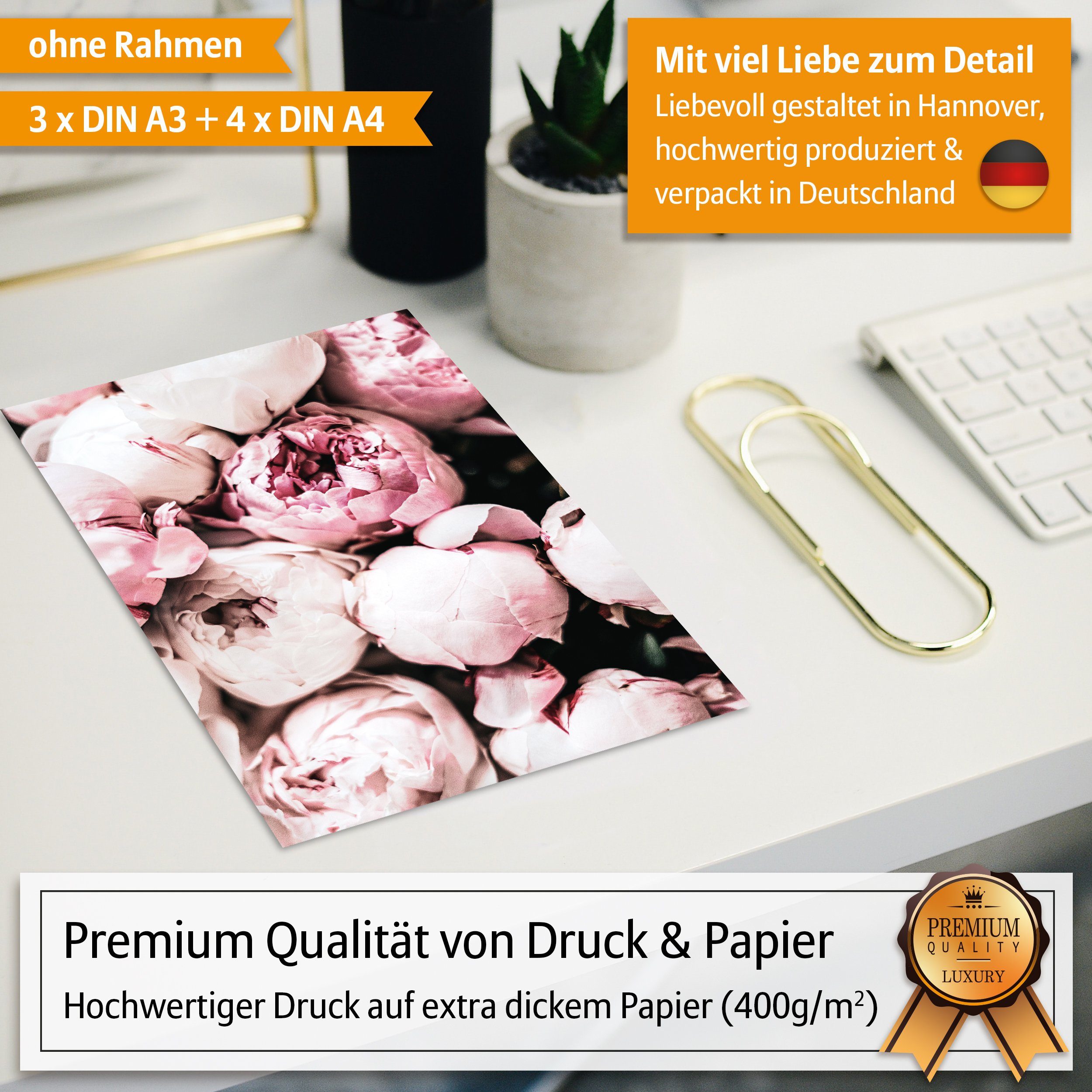 Hyggelig Home Poster Coco - Premium Poster Set OHNE & MIT Rahmen - Wandbilder Pfingstrosen, Fashion (Set, 7 St), Collage Beauty, Qualitätsdruck auf dickem Papier