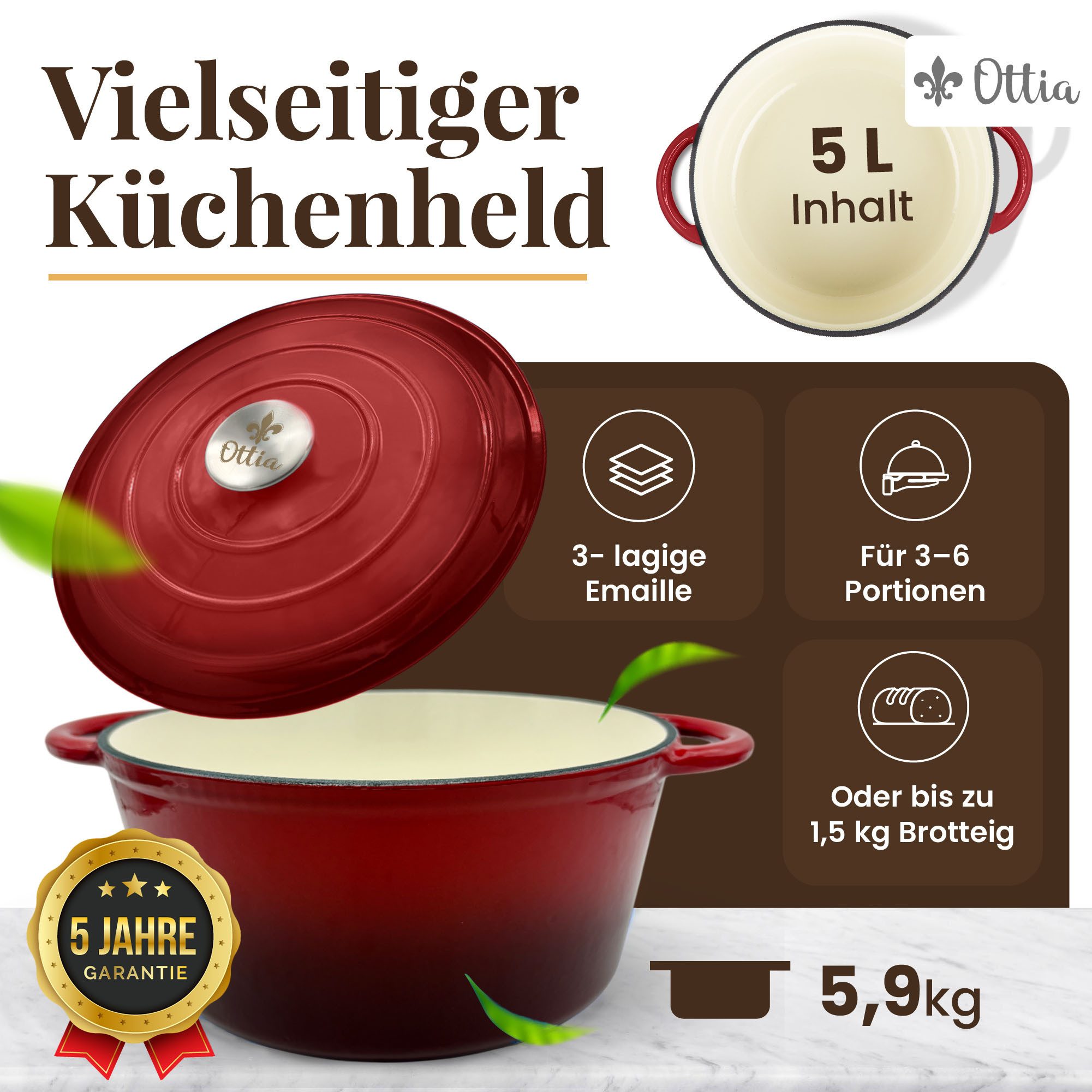 Ottia Schmortopf Gusseisen Topf lc, 26cm groß, 5L, Bräter, Brotbacktopf, Gusseisen, 3-fach Emaille, Händler aus Hamburg