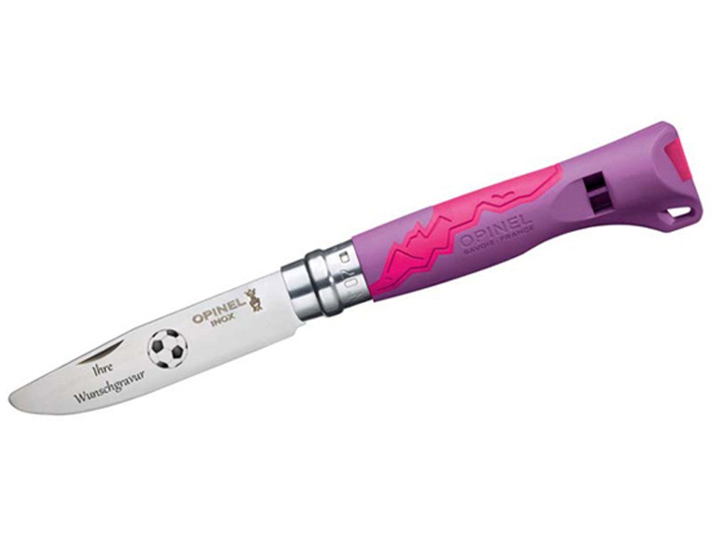 Opinel Taschenmesser Kindermesser OUTDOOR JUNIOR, violett Fussballmotiv, mit Namensgravur, (Kinder-Schnitzmesser mit abgerundeter Klingenspitze, „Mein erstes Schnitzmesser von Opinel), Kinder-Schnitzmesser mit abgerundeter Klingenspitze