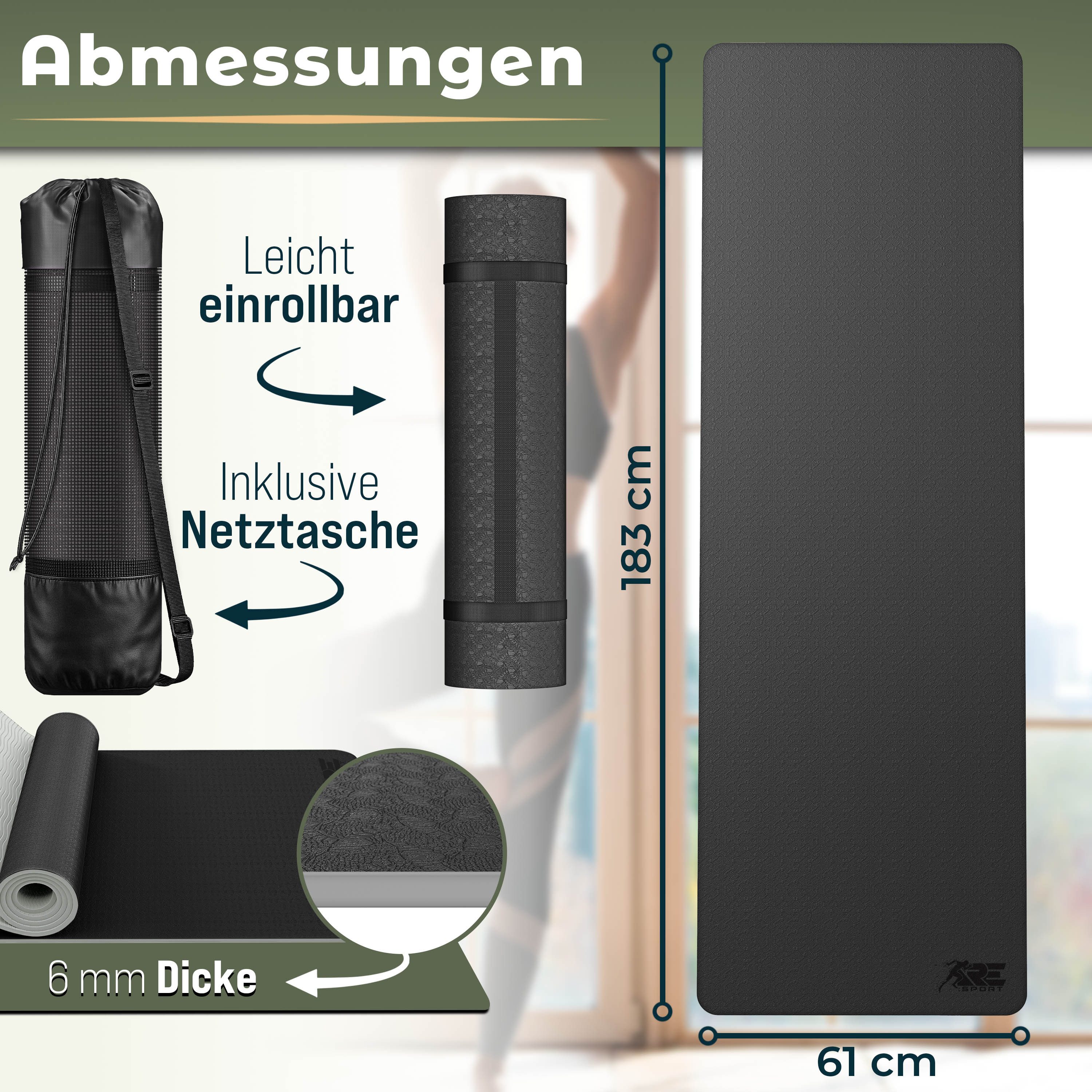 RE:SPORT Gymnastikmatte 183 x 61 x 0,6 cm mit Tragetasche Yogamatte TPE Fitnessmatte (rutschfest), Trainingsmatte mit Tragegurt Fitness Gymnastik Pilates Workou – Bild 3 von 5