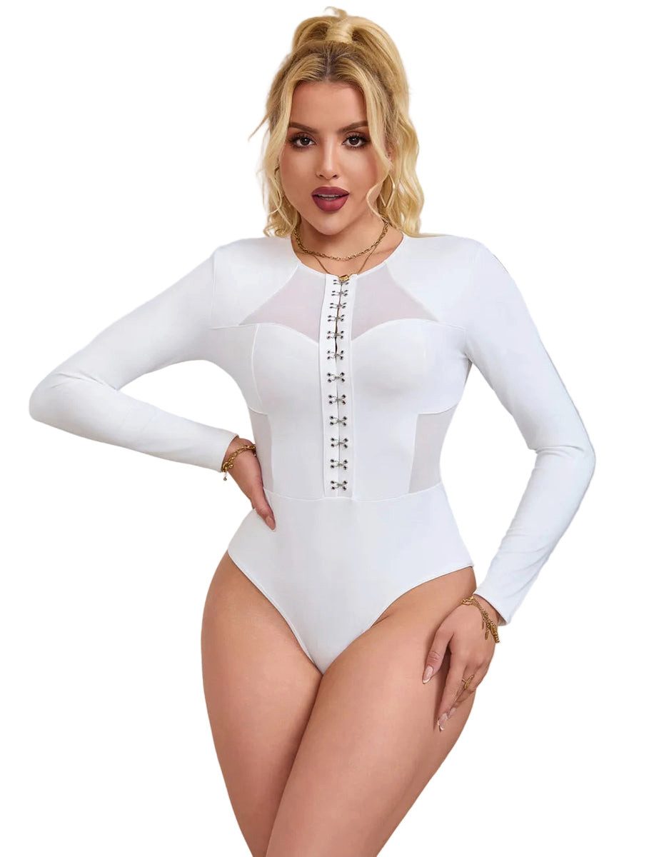 Lau-Fashion Langarmbody Langarm Mesh Body – Corsage Bodysuit mit Schnallen in Weiß