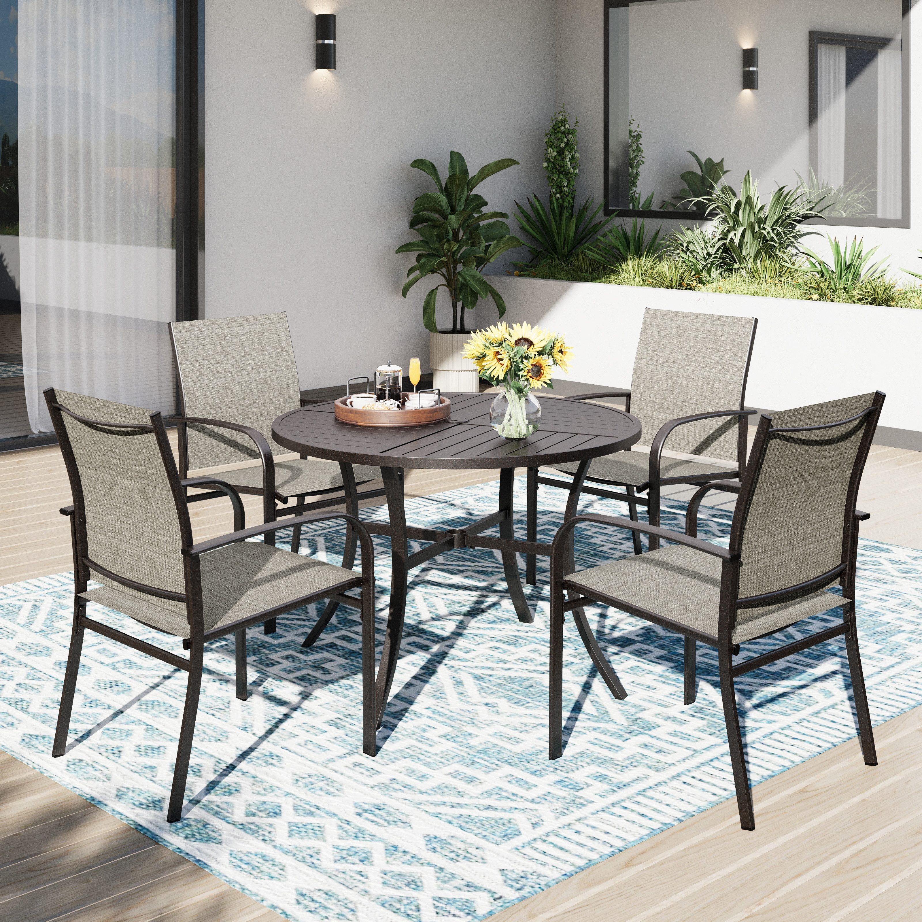 PHI VILLA Garten-Essgruppe, (5-teiliges Gartenmöbel Set Wetterfest, Gartentisch und 4 Textilene Stühle), Terrassenmöbel Sitzgruppe Outdoor für Balkon, Deck, Hof