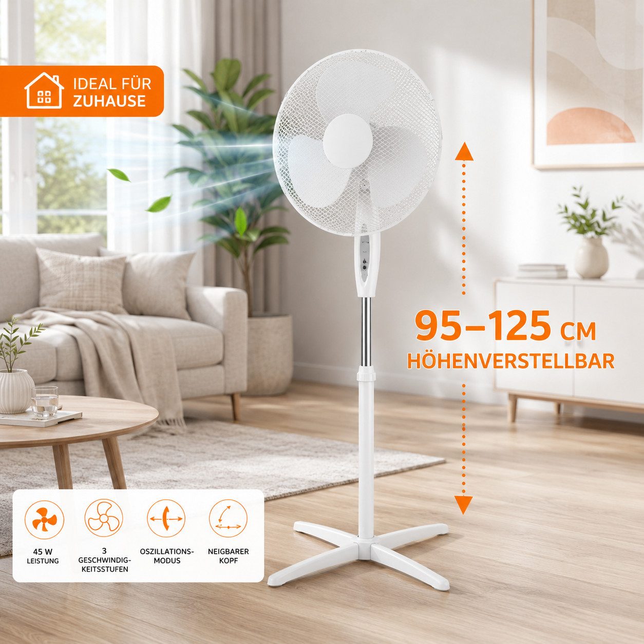 Ertex Standventilator Ventilator Standventilator 45 W, Höhe 125 cm, Fernbedienung + Timer 4
