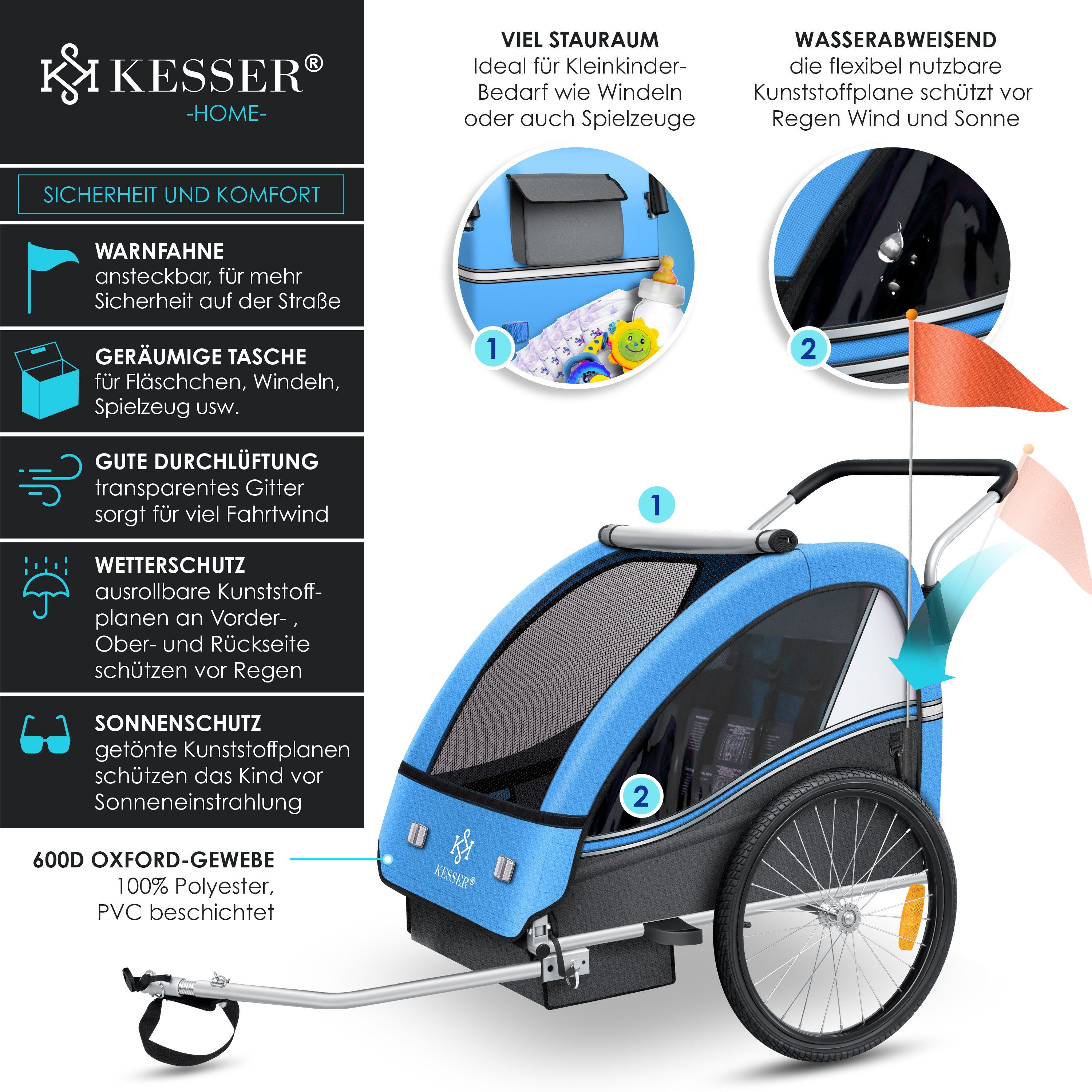 KESSER Fahrradkinderanhänger, Kinderanhänger Fahrradanhänger Sport-RX in Joggerfunktion
