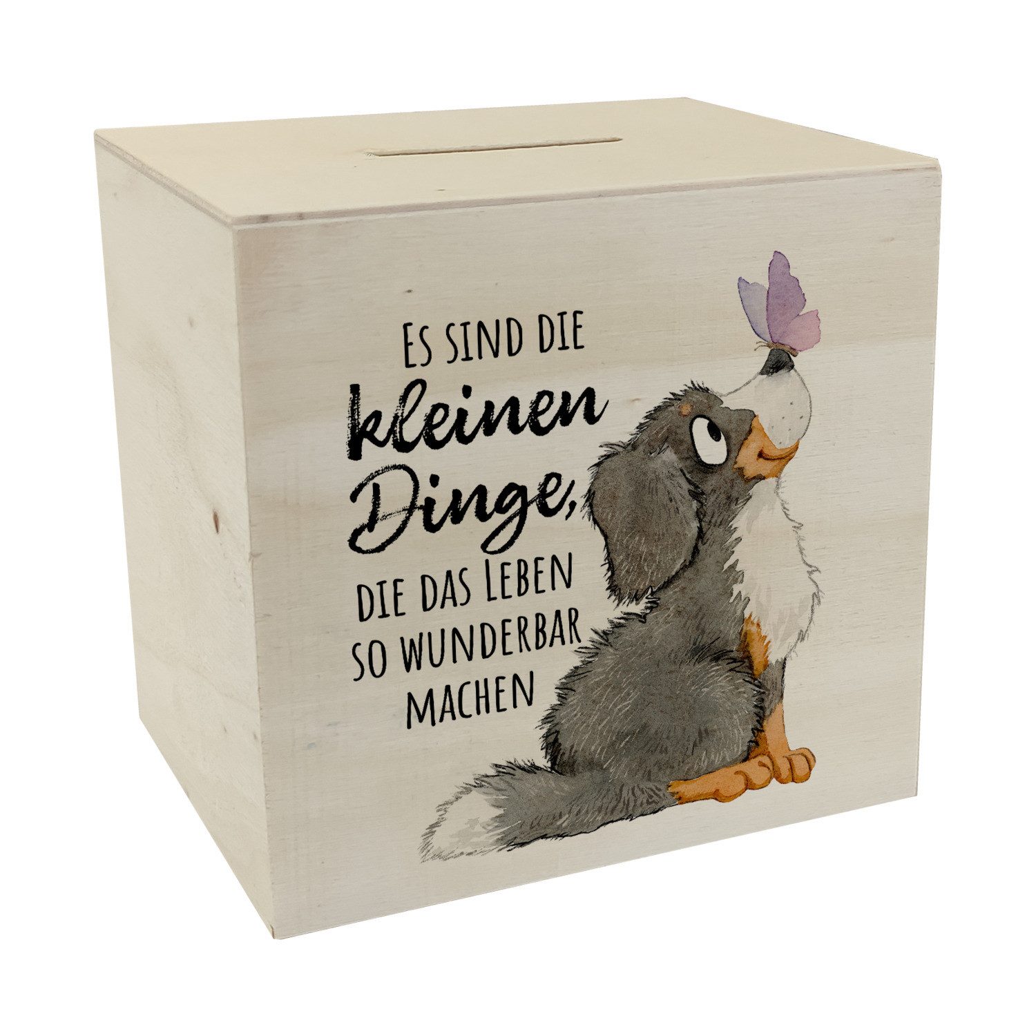 Spardose Hund Spardose aus Holz mit Spruch Die kleinen Dinge machen das Leben