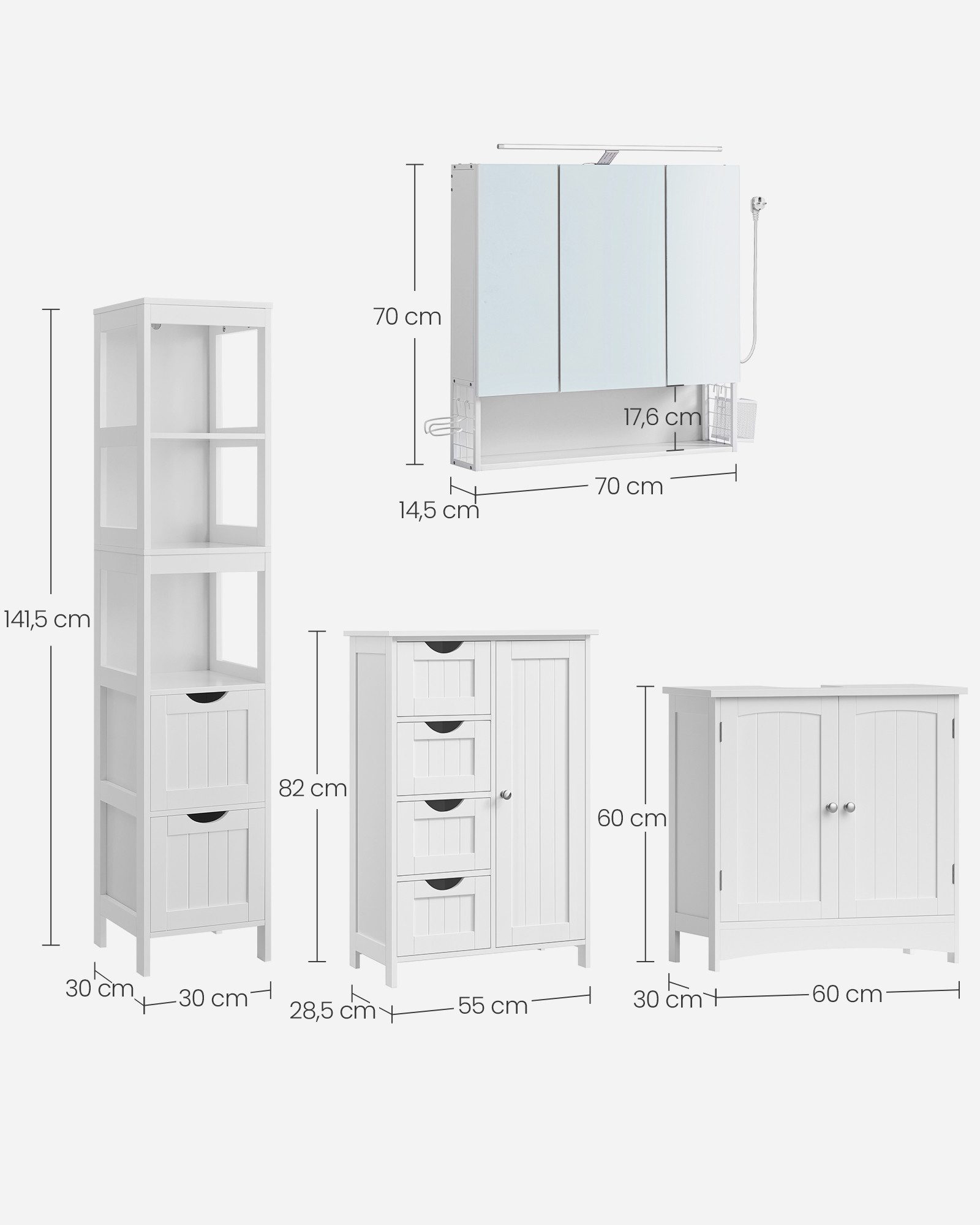 VASAGLE Badmöbel-Set Badezimmerschrank, (4er Set), 2 Badezimmerschränke, 1 Waschbeckenunterschrank, 1 Spiegelschrank