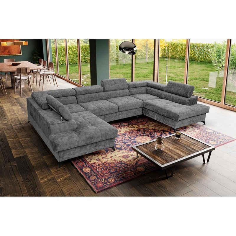 Beautysofa Ecksofa Sorento U, mit Schlaffunktion, Bettkasten, verstellbare Kopfstützen, große Eckcouch mit Metallbeine, XXL Schlafecke, große Eckcouch mit Metallbeine