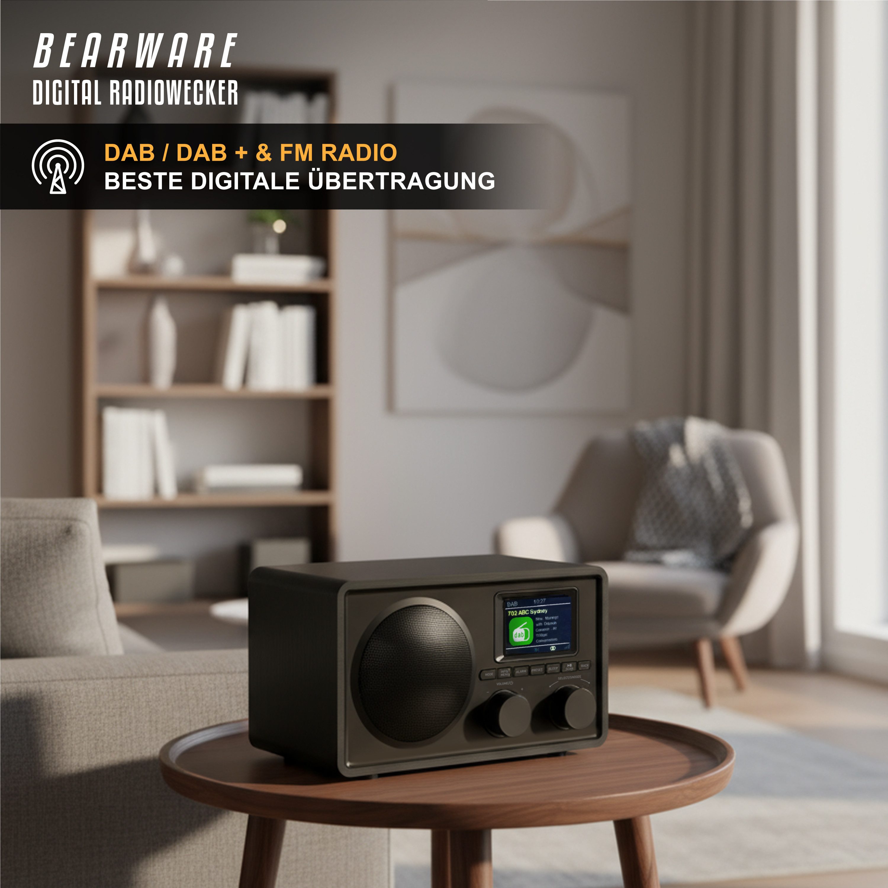 BEARWARE Radio mit TFT Display, Küchenradio digital, UKW FM, Wecker, Bluetooth Digitalradio (DAB) (Digitalradio (DAB), UKW (FM), Automatischer & manueller Suchlauf, Equalizer, DAB, USB, AUX, 2 Alarme)