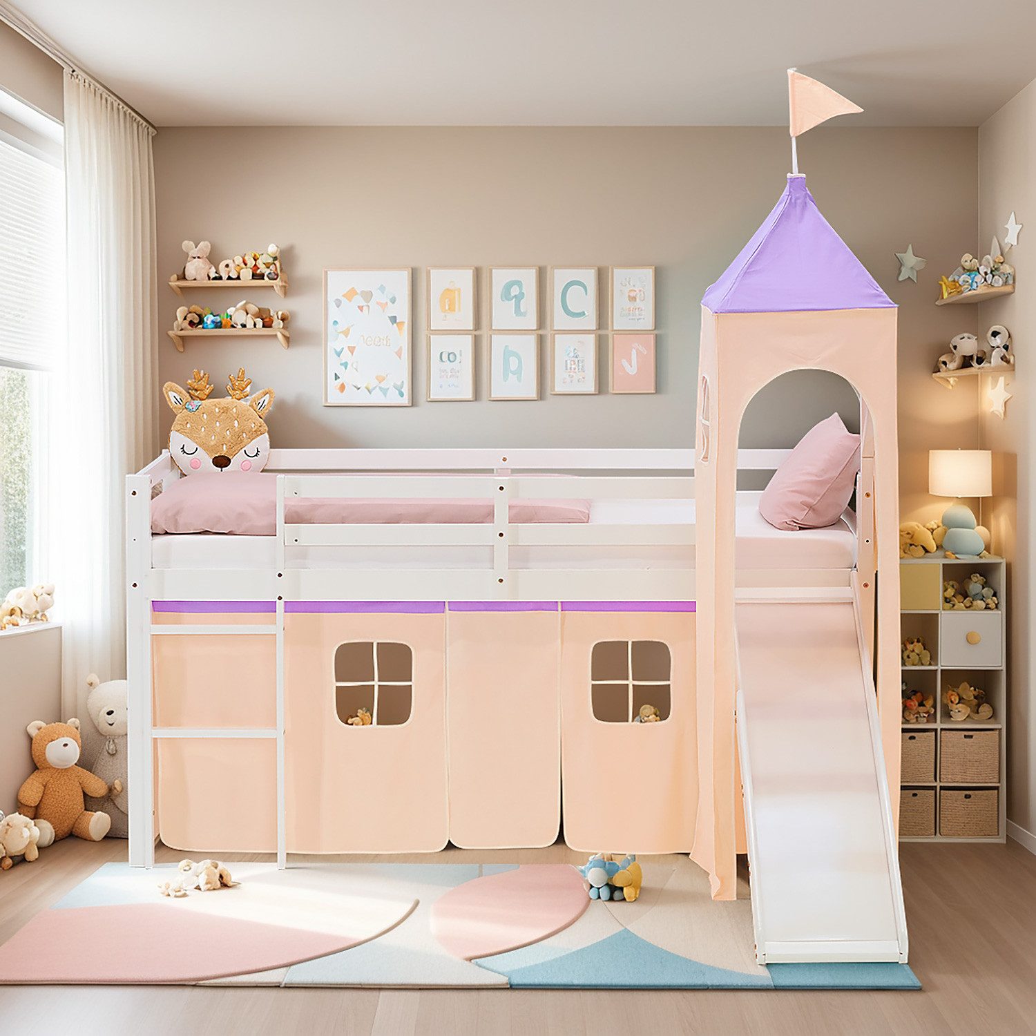 Homestyle4u Hochbett 90x200 Stockbett Kinderbett Holz Kiefer Weiß Lila Beige Kinder Vorhang (Komplett-Set mit Lattenrost, mit Rutsche, mit Turm, Matratze mit OEKO-TEX® Standard 100) mit Rausfallschutz, Mädchen Spielbett