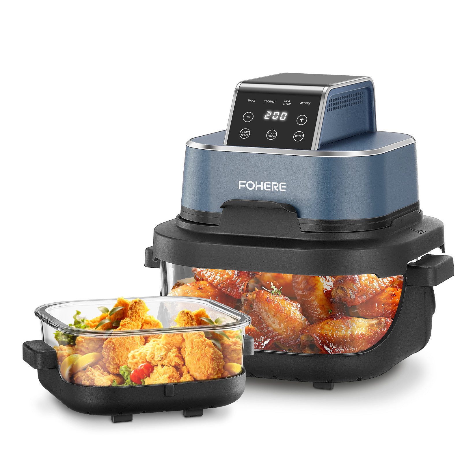 FOHERE Heißluftfritteuse Tragbare Heißluftfritteuse, 4-in-1 Heißluftfrittieren für Bake, Recrisp, Max Crisp, Airfryer, 1500 W, 4L&1.5L, 6 Portionen, kompakt, 2xherausnehmbare Glasbehälter&Deckel